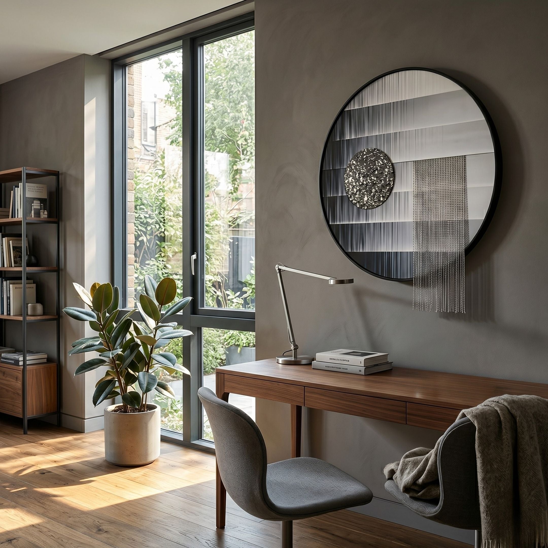 Lunastria Silver Disc & Vertical Crystal Beads Round 3D Wall Art by Giant Sculptures mounted above a walnut desk in a modern home office with a rubber plant.
