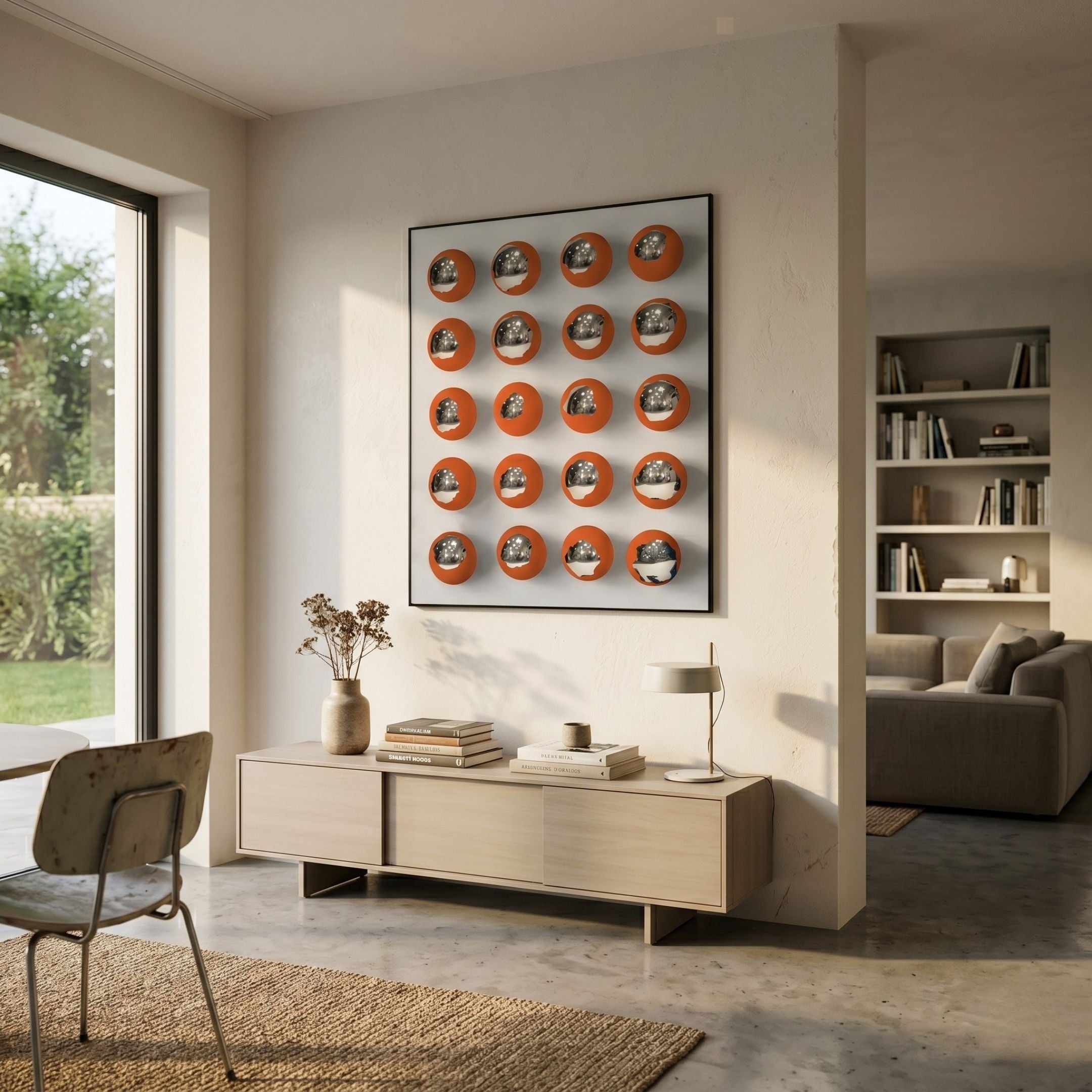 Giant Sculptures Orbivelle Amber-Silver Patch Sphere & White Panel 3D Wall Art mounted above a pale wood sideboard in a sunlit modern living room.