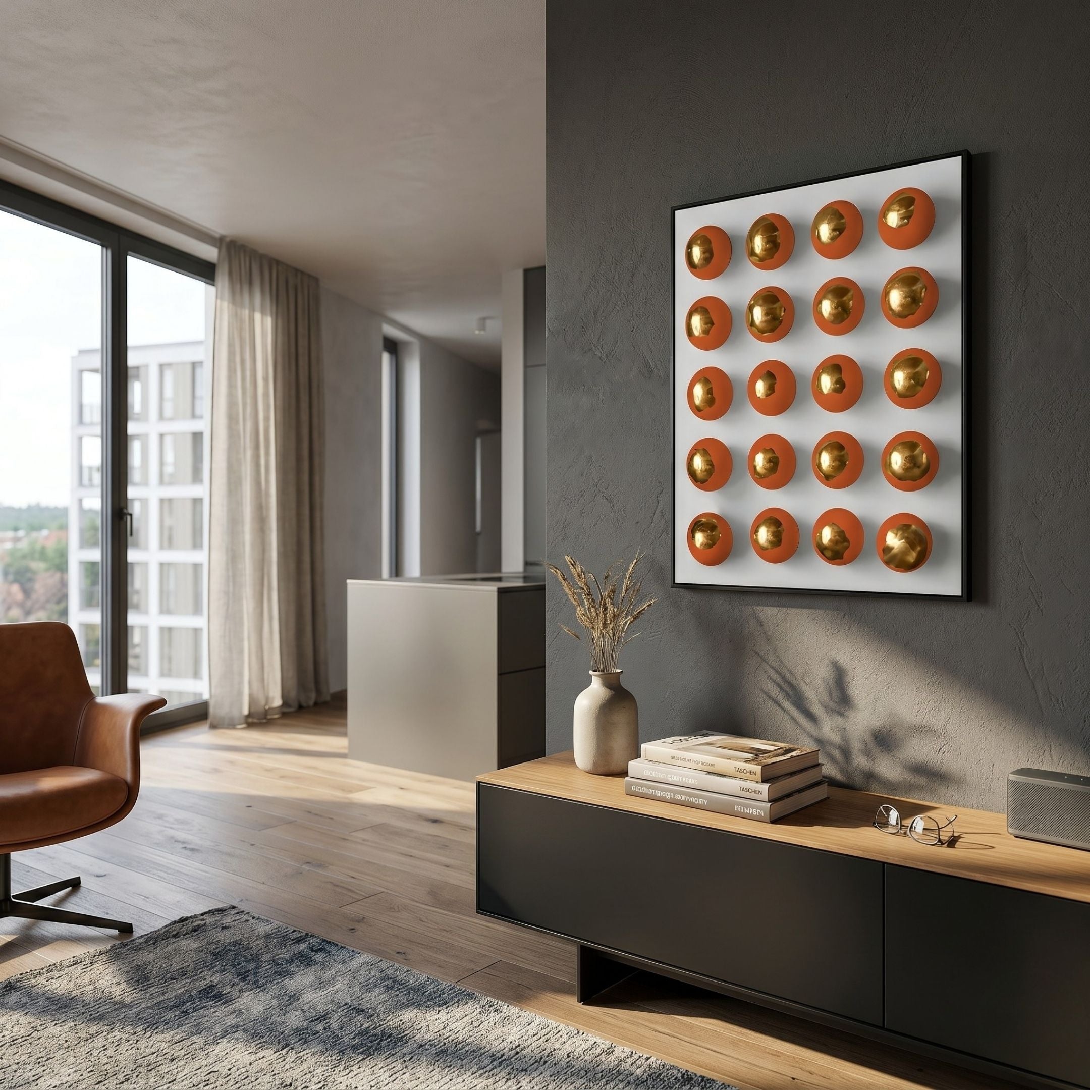 Orbivelle Amber-Gold Patch Sphere & White Panel 3D Wall Art by Giant Sculptures mounted on a dark grey wall above a wood and black console in a modern living room.