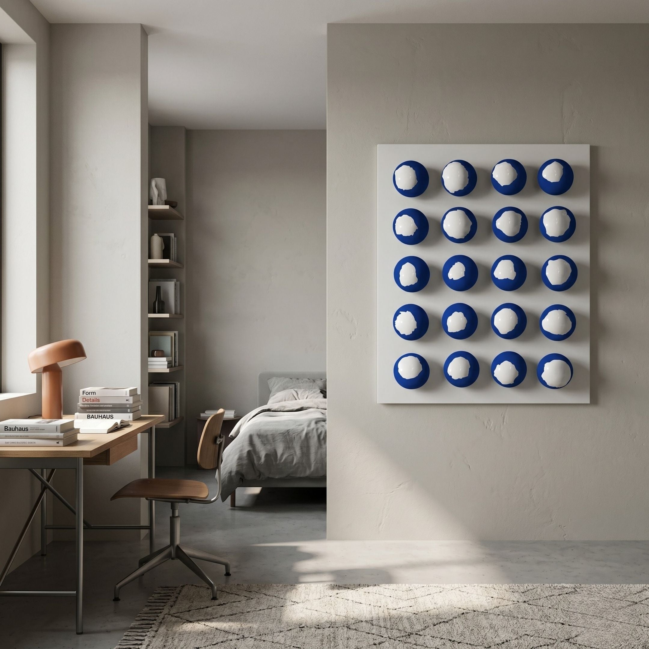 Orbivelle Blue & White Patch Sphere Panel 3D Wall Art by Giant Sculptures displayed on a pale grey wall in a Nordic bedroom with a desk and bookshelf.