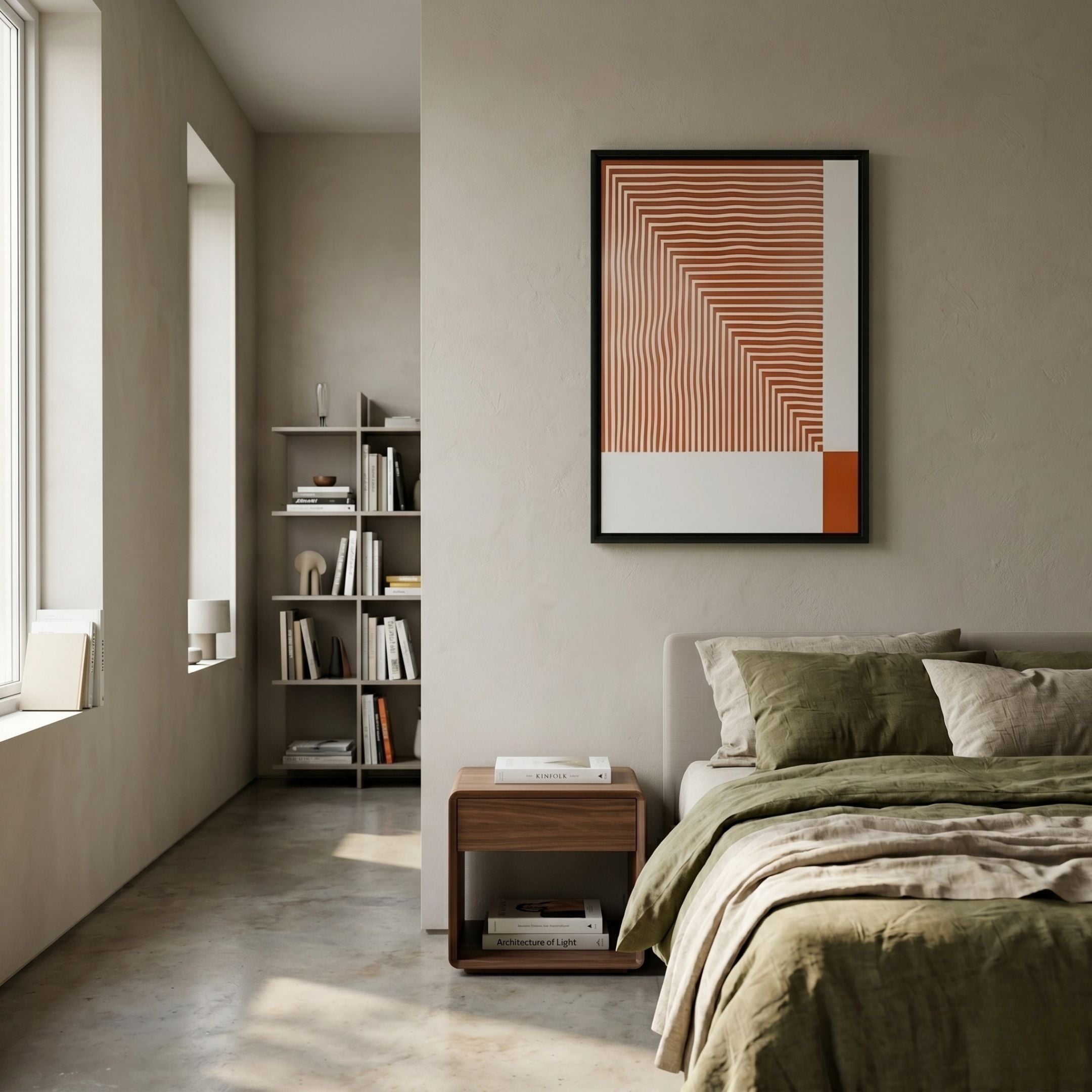 Linscape Tangerine Linear Wood Relief 3D Wall Art by Giant Sculptures in a black frame, displayed above a walnut nightstand beside a bed with olive linen.