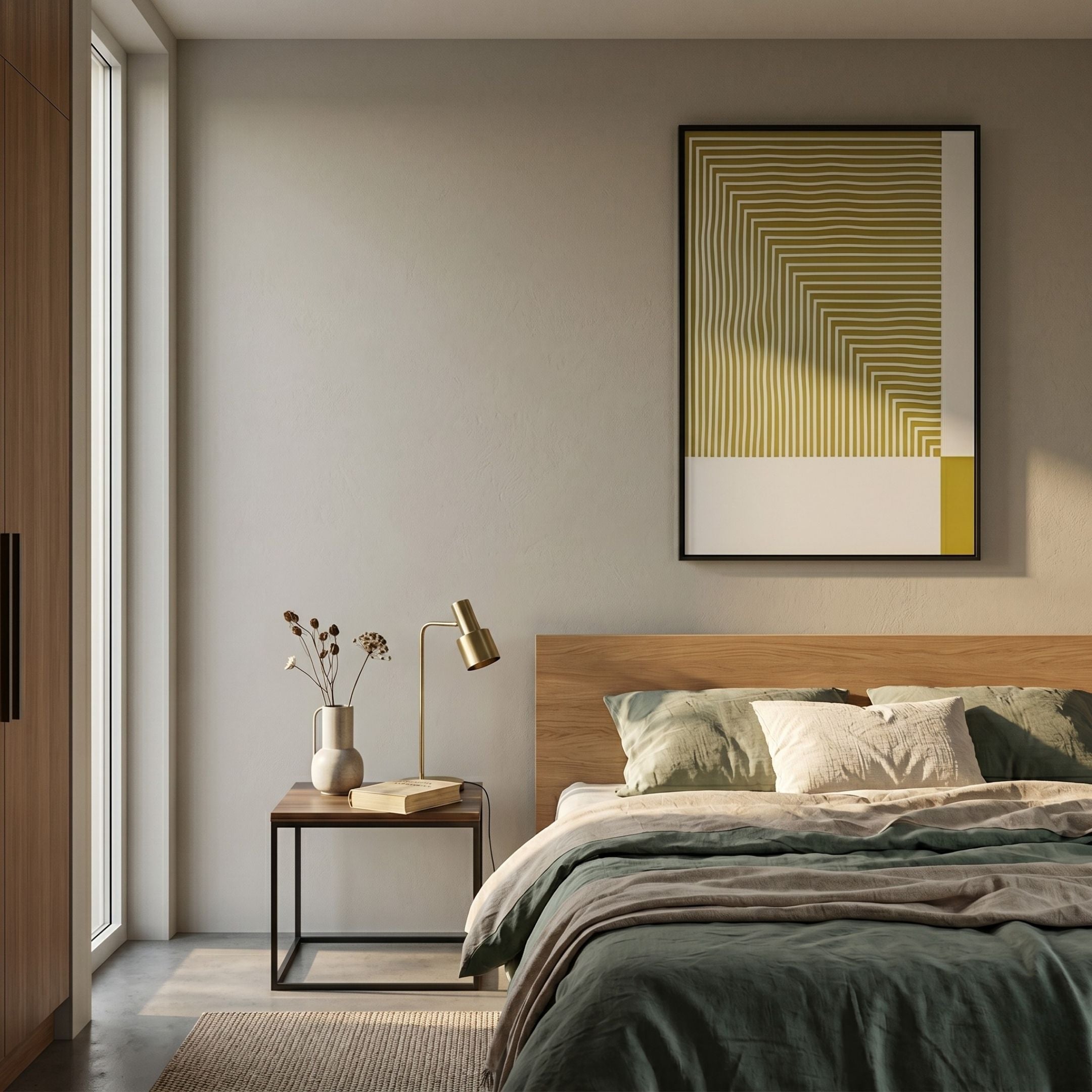Linscape Yellow Linear Wood Relief 3D Wall Art by Giant Sculptures displayed above a wooden bed with green linen bedding in a minimalist bedroom.