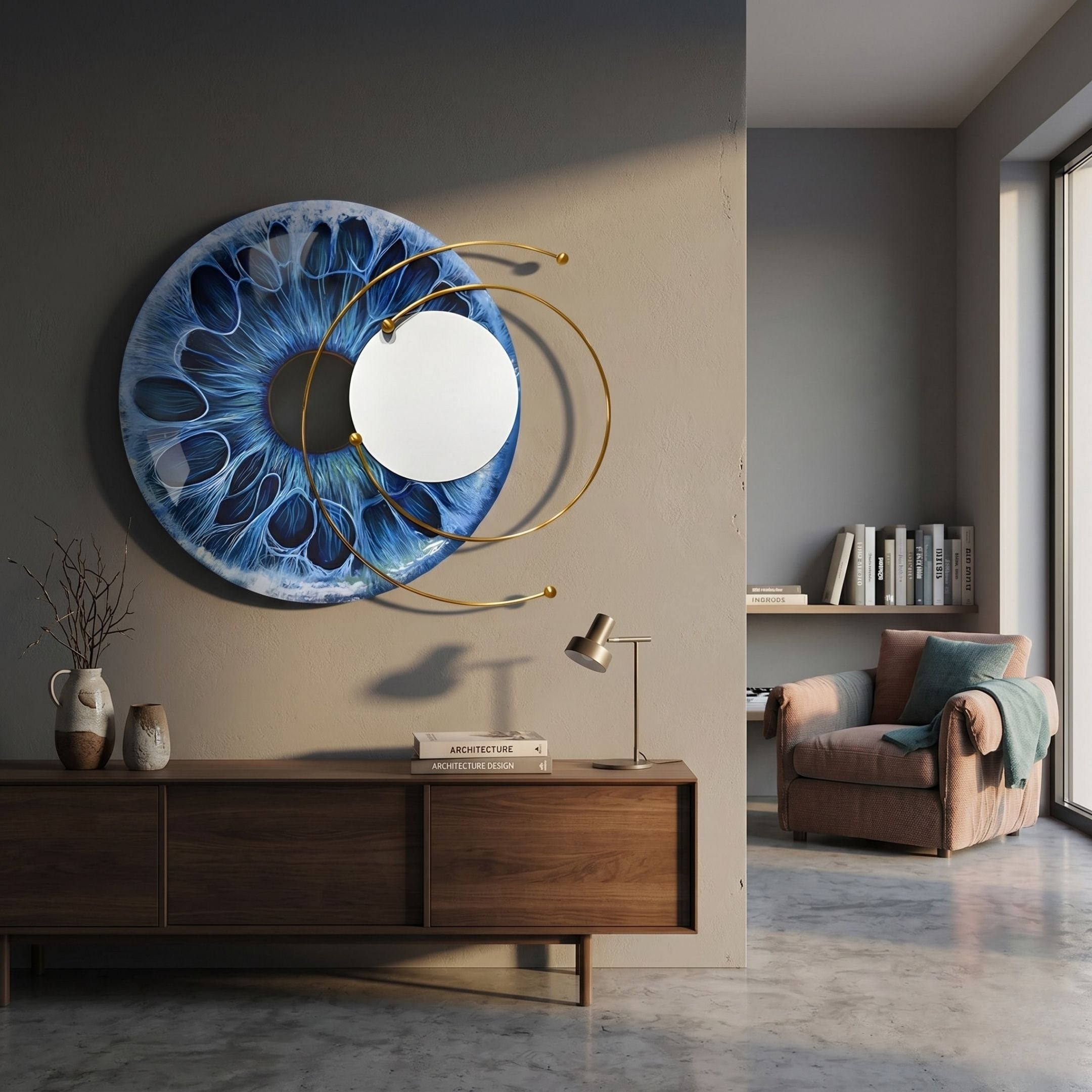 Aurelios Oceanic Halo Crystal Porcelain & Gold Orbit 3D Wall Art by Giant Sculptures mounted above a walnut sideboard in a modern living room.