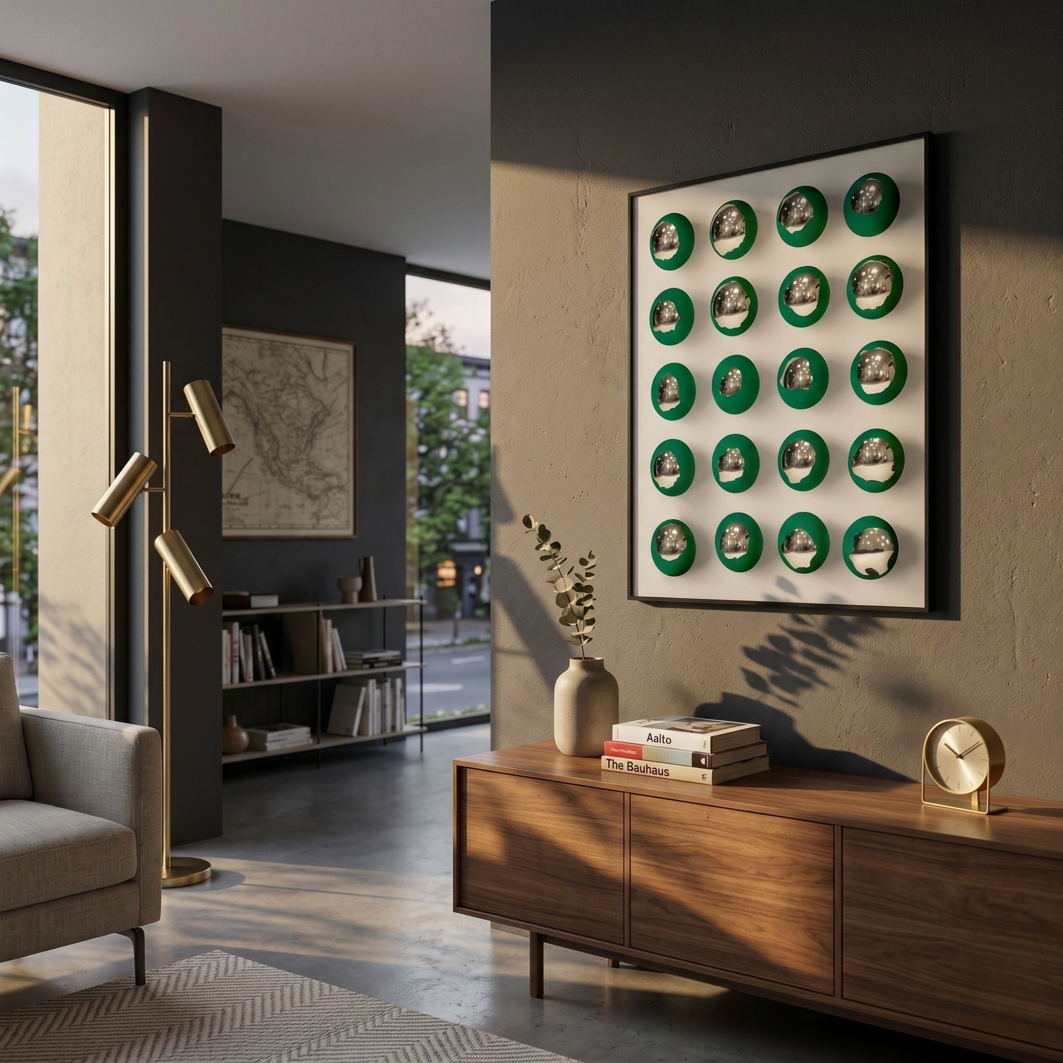 Orbivelle Emerald-Silver Patch Sphere & White Panel 3D Wall Art by Giant Sculptures displayed above a walnut sideboard in a modern living room.
