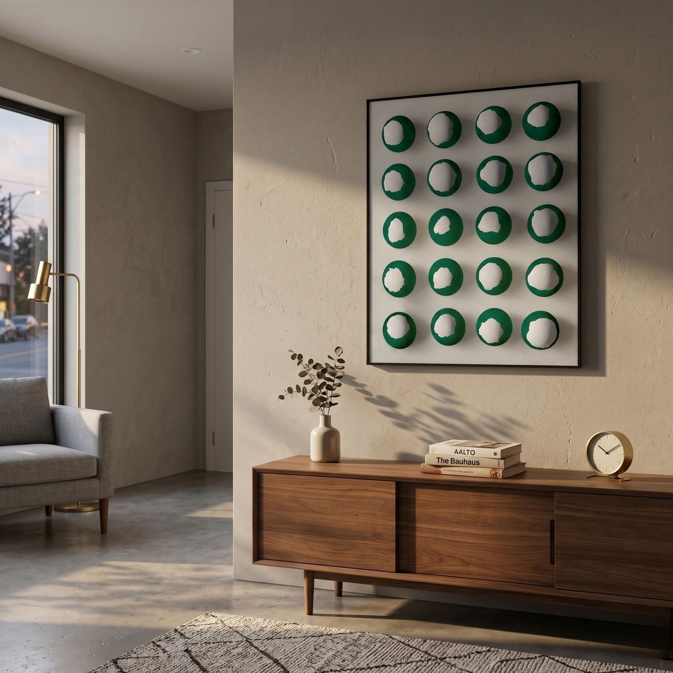 Orbivelle Emerald & White Patch Sphere Panel 3D Wall Art by Giant Sculptures displayed above a walnut sideboard in a sunlit living room with a grey armchair.