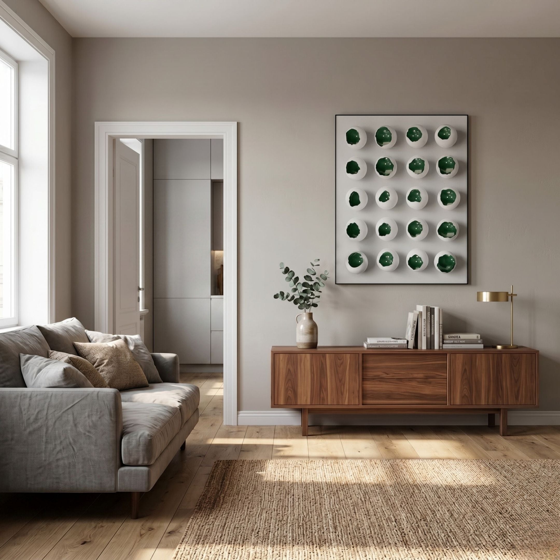 Orbivelle Emerald Patch Sphere & White Panel 3D Wall Art by Giant Sculptures displayed above a walnut sideboard in a Nordic living room with grey sofa.