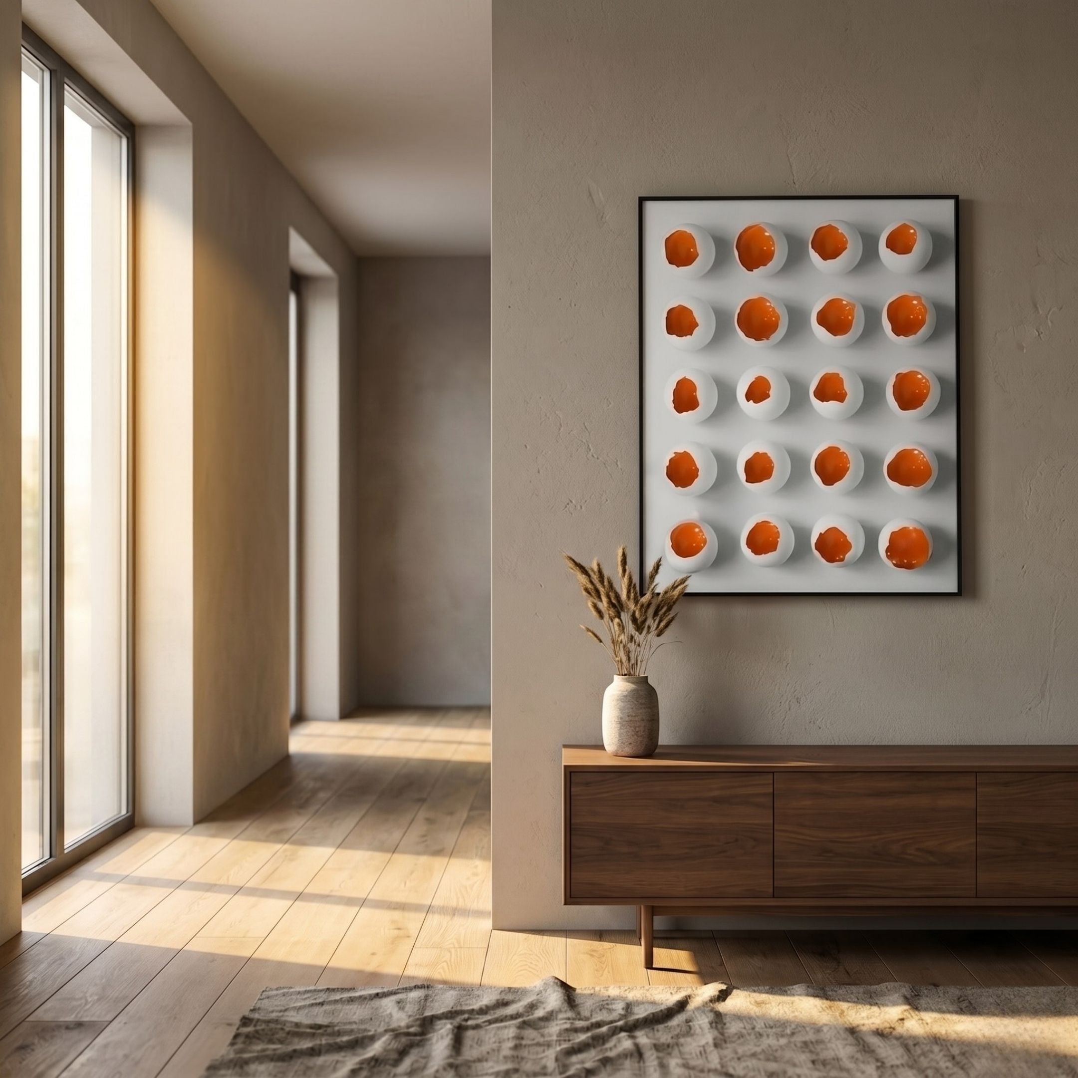 Orbivelle Amber Patch Sphere & White Panel 3D Wall Art by Giant Sculptures displayed above a walnut sideboard in a sunlit hallway with a vase of pampas grass.