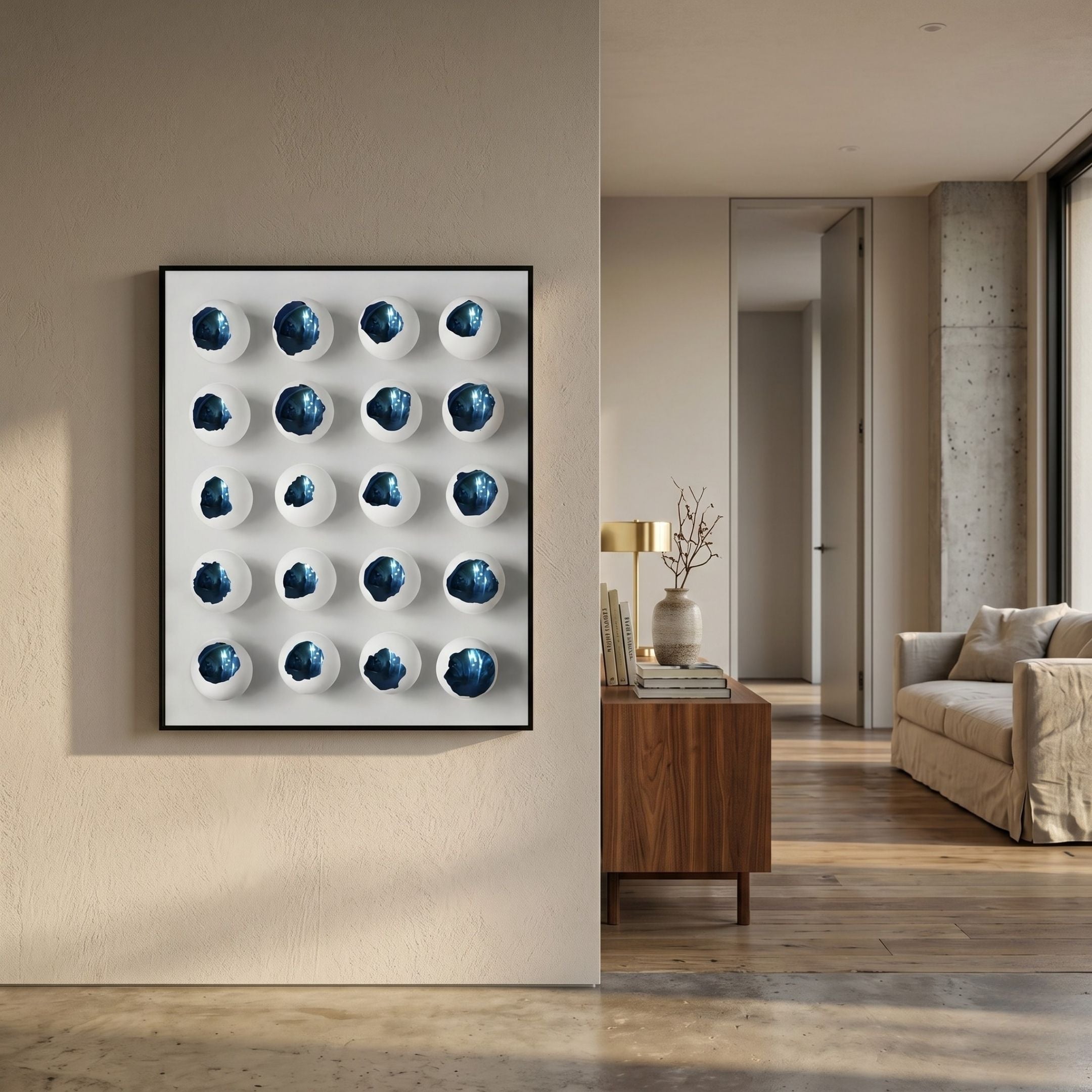 Orbivelle Cobalt Patch Sphere & White Panel 3D Wall Art by Giant Sculptures, framed grid of white spheres with cobalt interiors, displayed in a modern hallway.