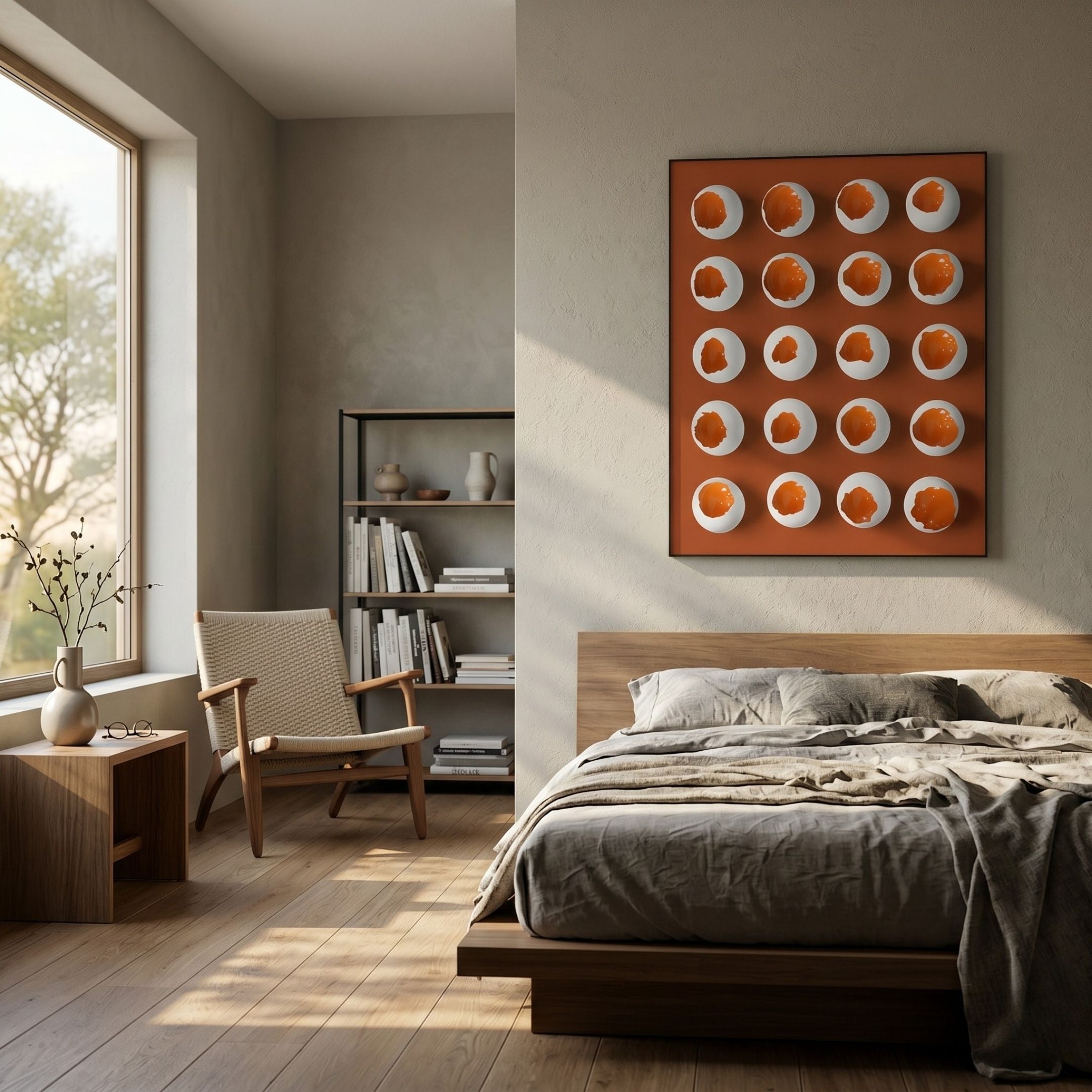Giant Sculptures Orbivelle White & Amber Patch Sphere Panel 3D Wall Art mounted above a wooden bed in a Nordic bedroom with a woven chair and bookshelf.