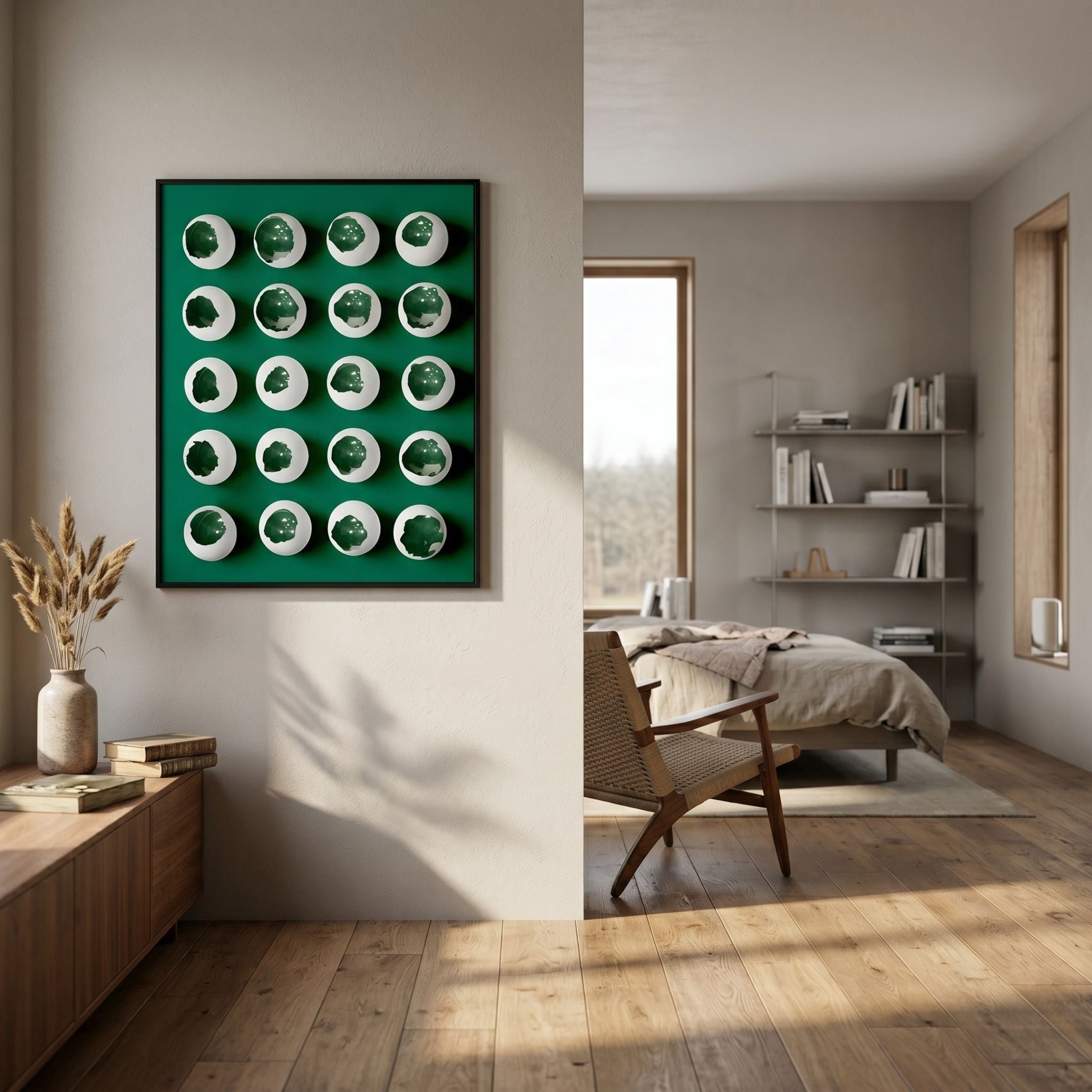 Orbivelle White & Emerald Patch Sphere Panel 3D Wall Art by Giant Sculptures displayed on a cream wall in a Nordic bedroom with oak floors and woven chair.