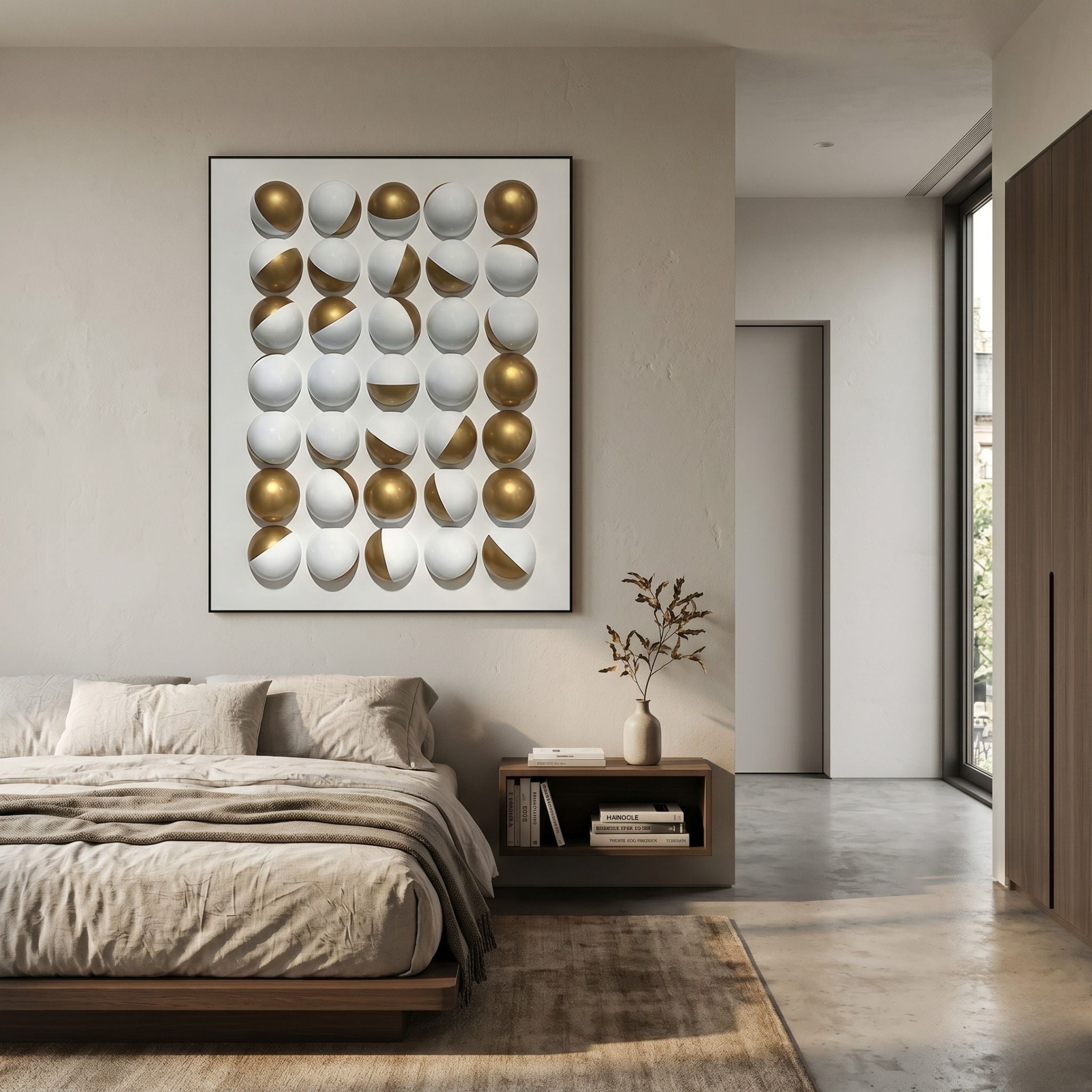 Orbivelle Gold Split Sphere & White Panel 3D Wall Art by Giant Sculptures displayed above a linen bed and wooden nightstand in a minimalist bedroom.