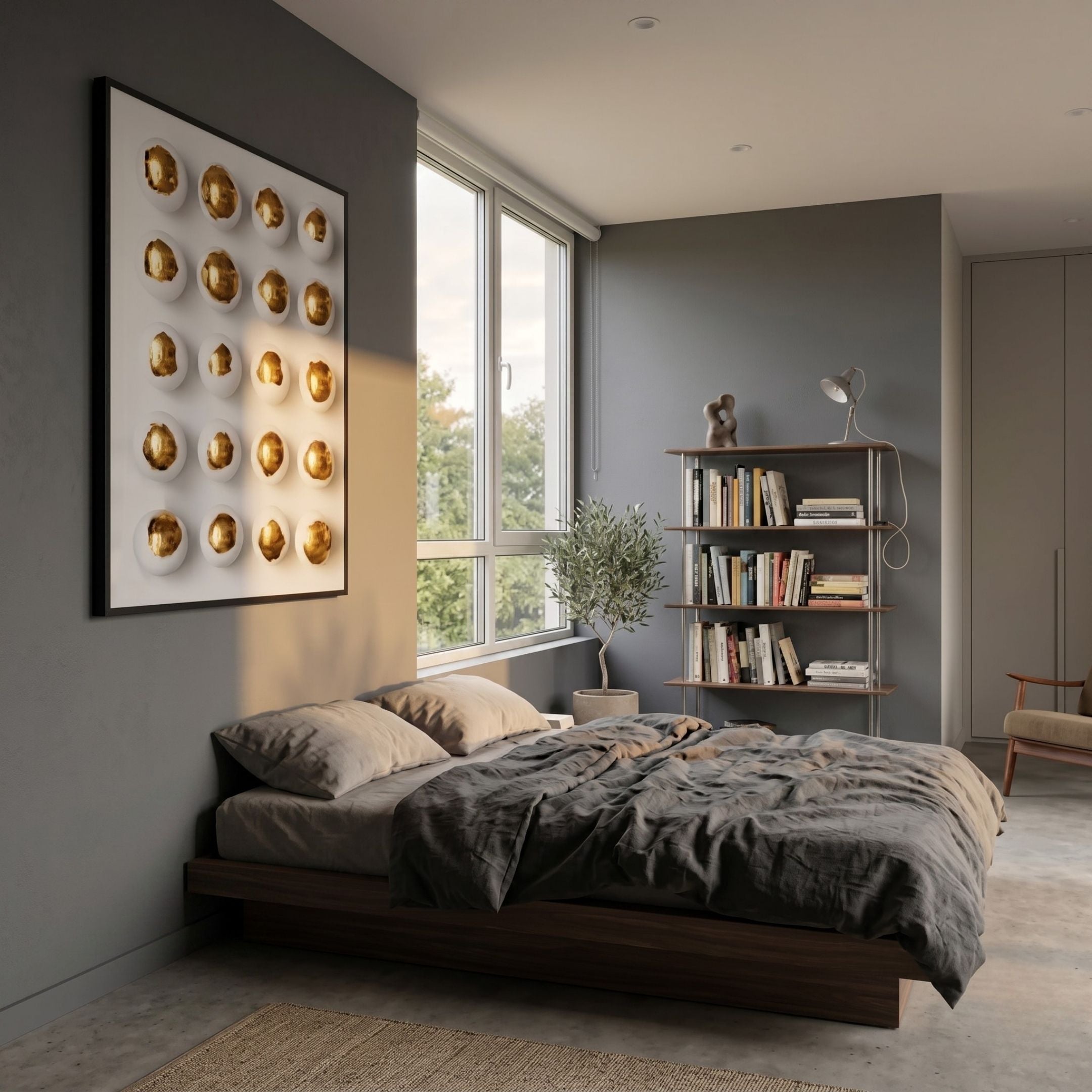 Orbivelle Gold Patch Sphere & White Panel 3D Wall Art by Giant Sculptures displayed above a wood platform bed in a modern grey bedroom with bookshelf.