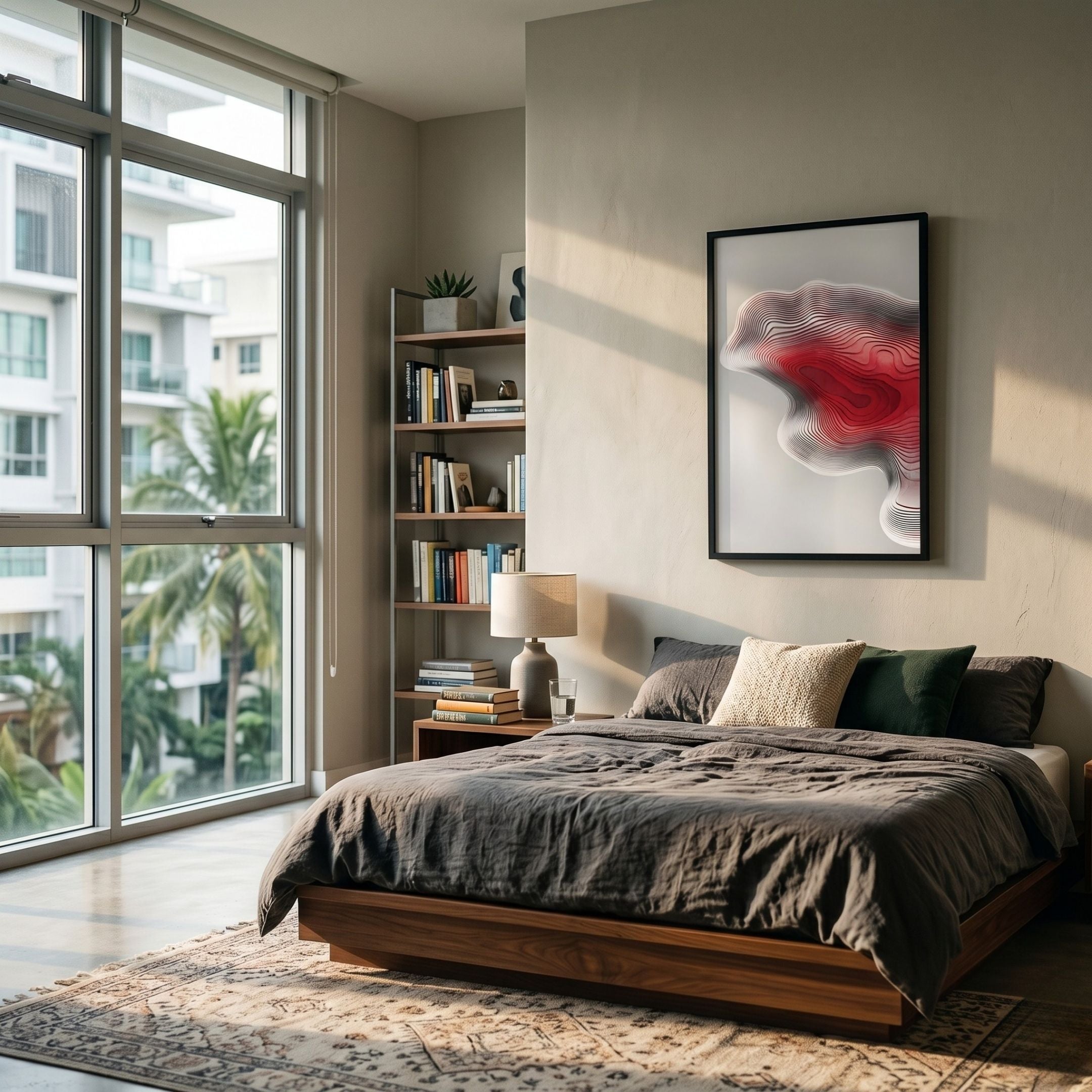Stratona Red Contour Layered Wood Relief 3D Wall Art by Giant Sculptures displayed above a wooden bed in a modern bedroom with bookshelf and window.