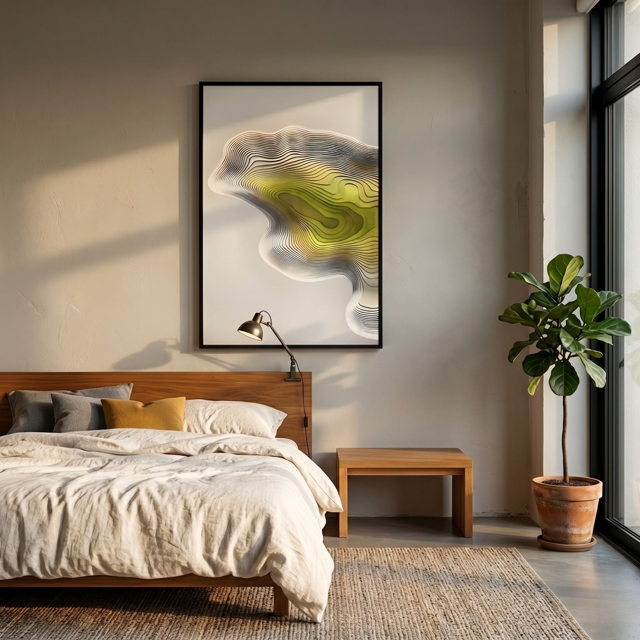 Stratona Yellow Contour Layered Wood Relief 3D Wall Art by Giant Sculptures hung above a wooden bed in a sunlit bedroom with a fiddle leaf fig plant.