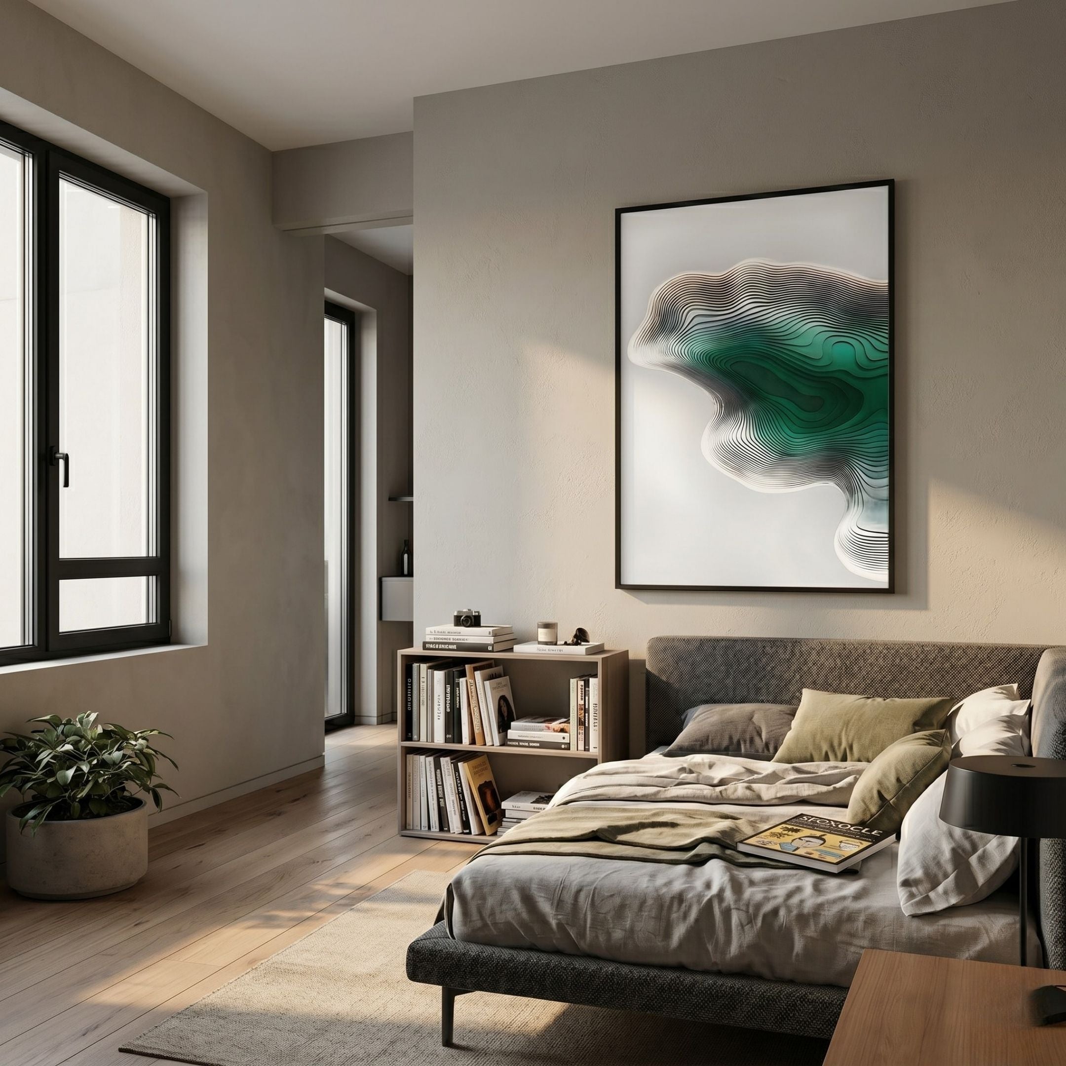 Stratona Green Contour Layered Wood Relief 3D Wall Art by Giant Sculptures displayed above a bed with bookshelf and plant in a modern bedroom.
