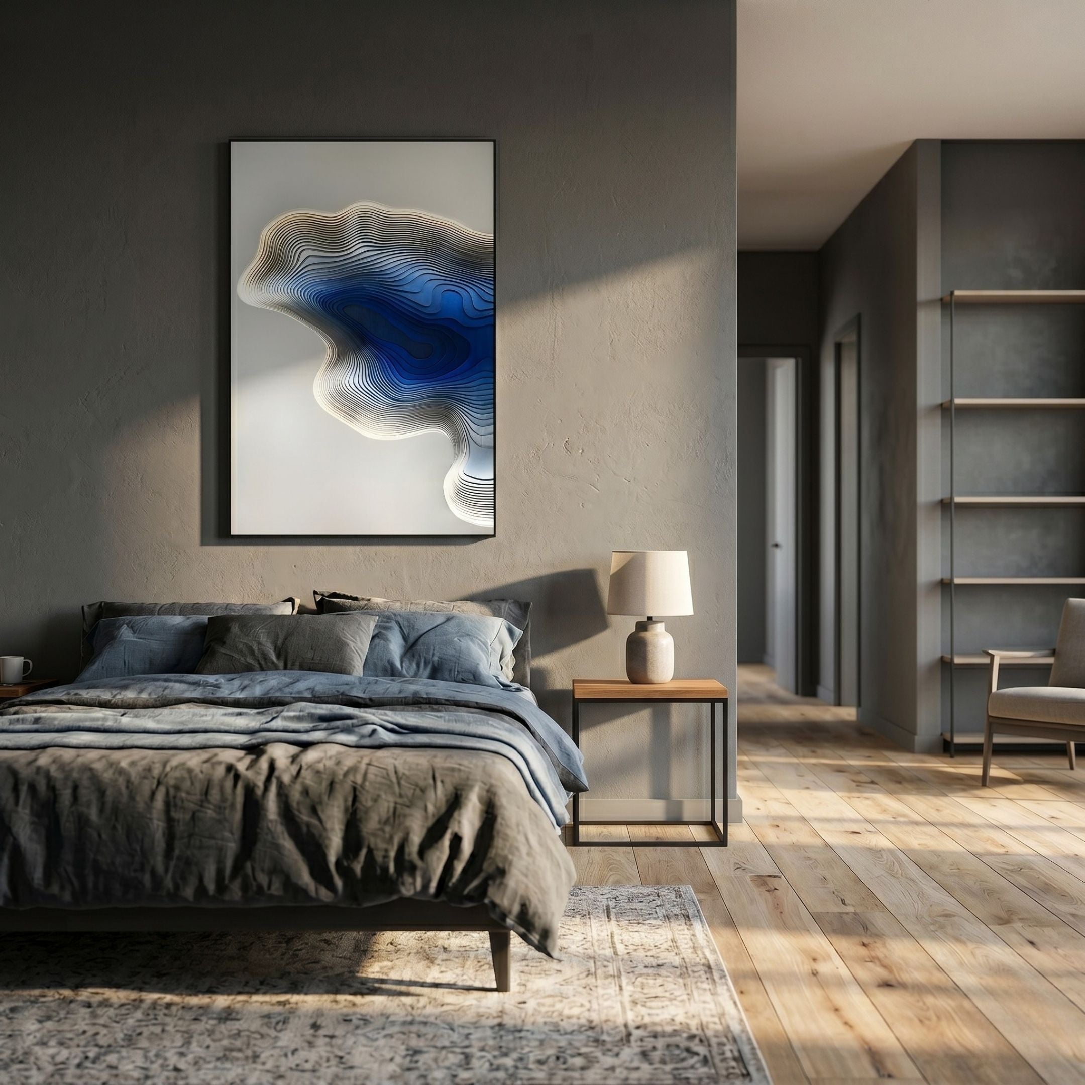 Stratona Blue Contour Layered Wood Relief 3D Wall Art by Giant Sculptures in a brushed frame above a grey linen bed, with nightstand, lamp and wood flooring.