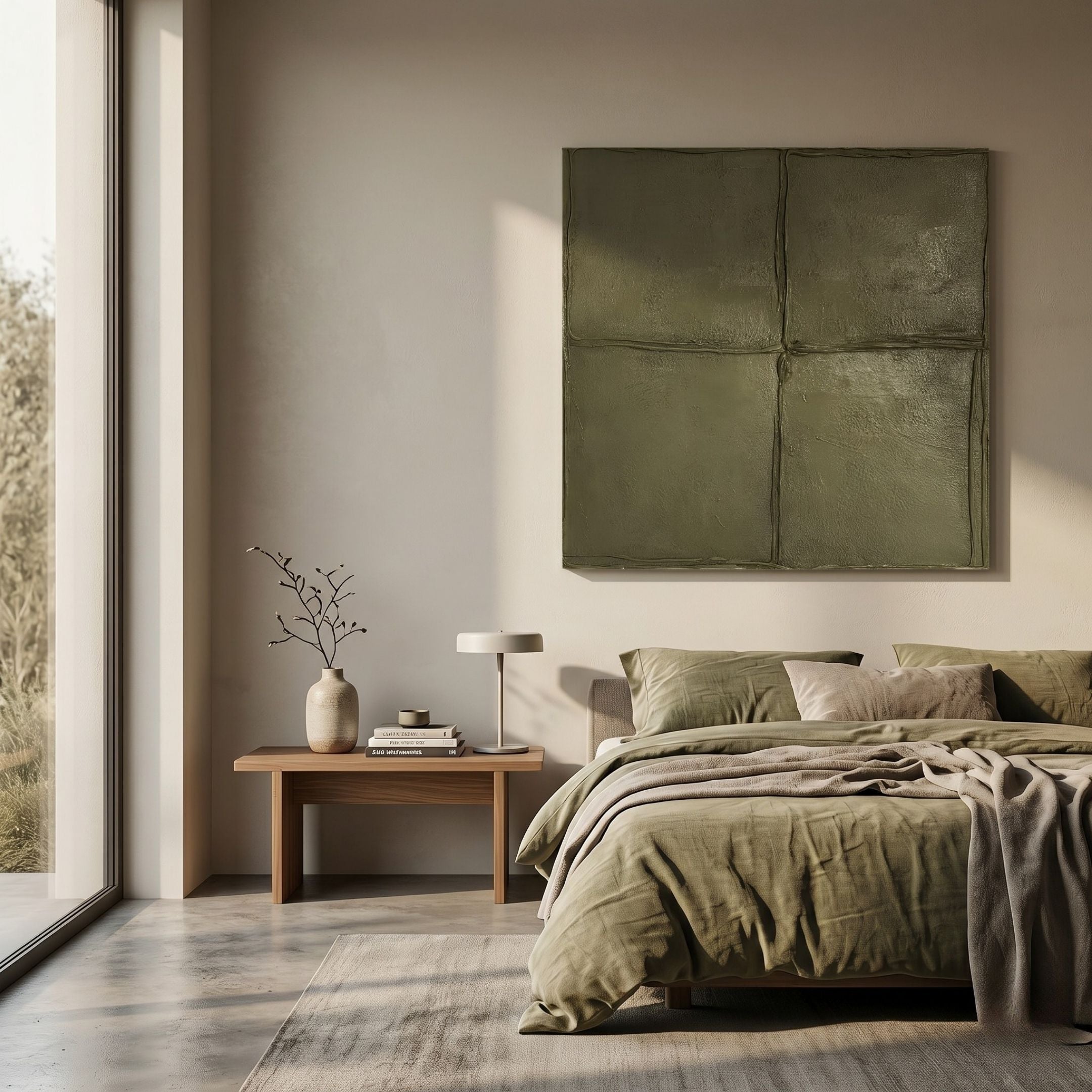 Giant Sculptures Terracrecta Olive Painted Textured Square 3D Wall Art mounted above a bed with olive linen bedding, beside a wooden nightstand and tall window.