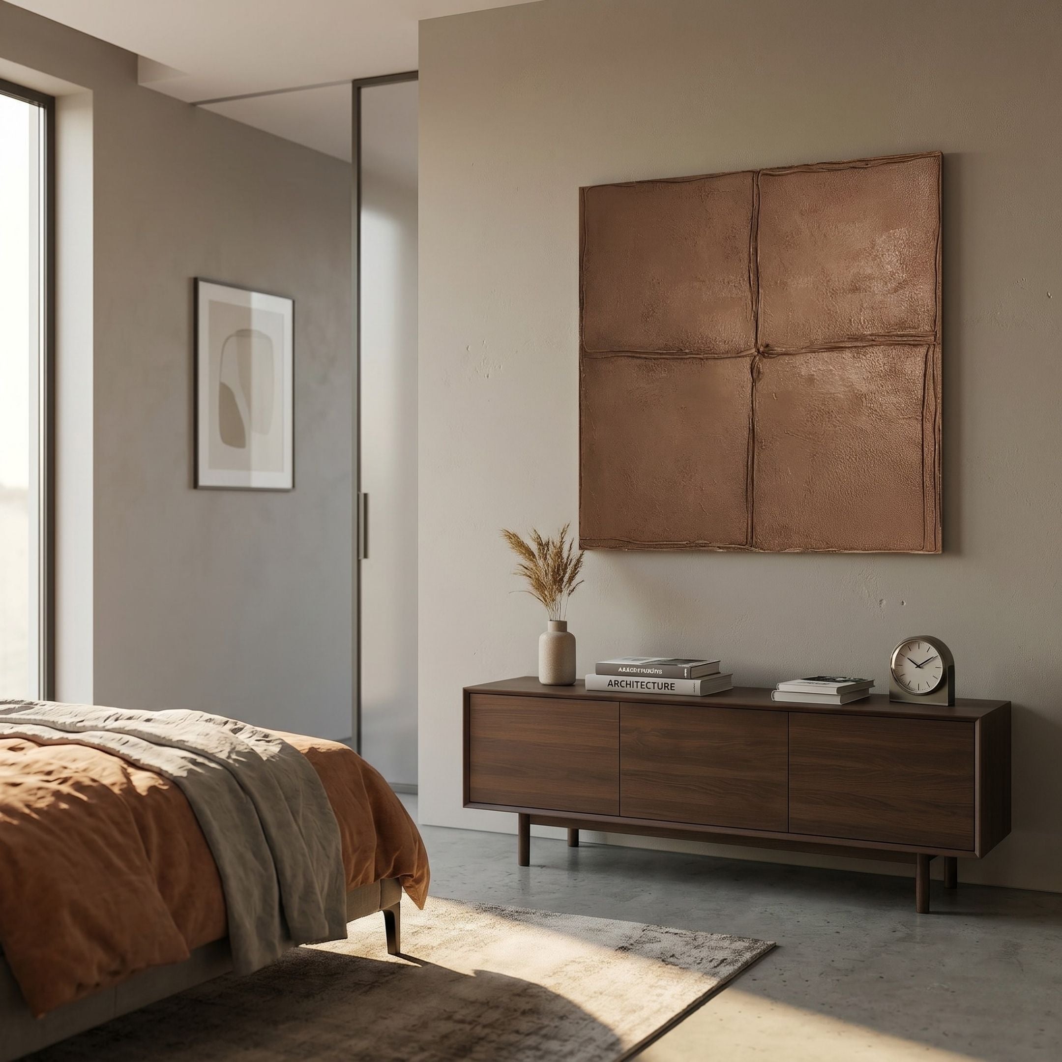 Terracrecta Cocoa Brown Painted Textured Square 3D Wall Art by Giant Sculptures mounted above a dark wood sideboard in a sunlit modern bedroom.