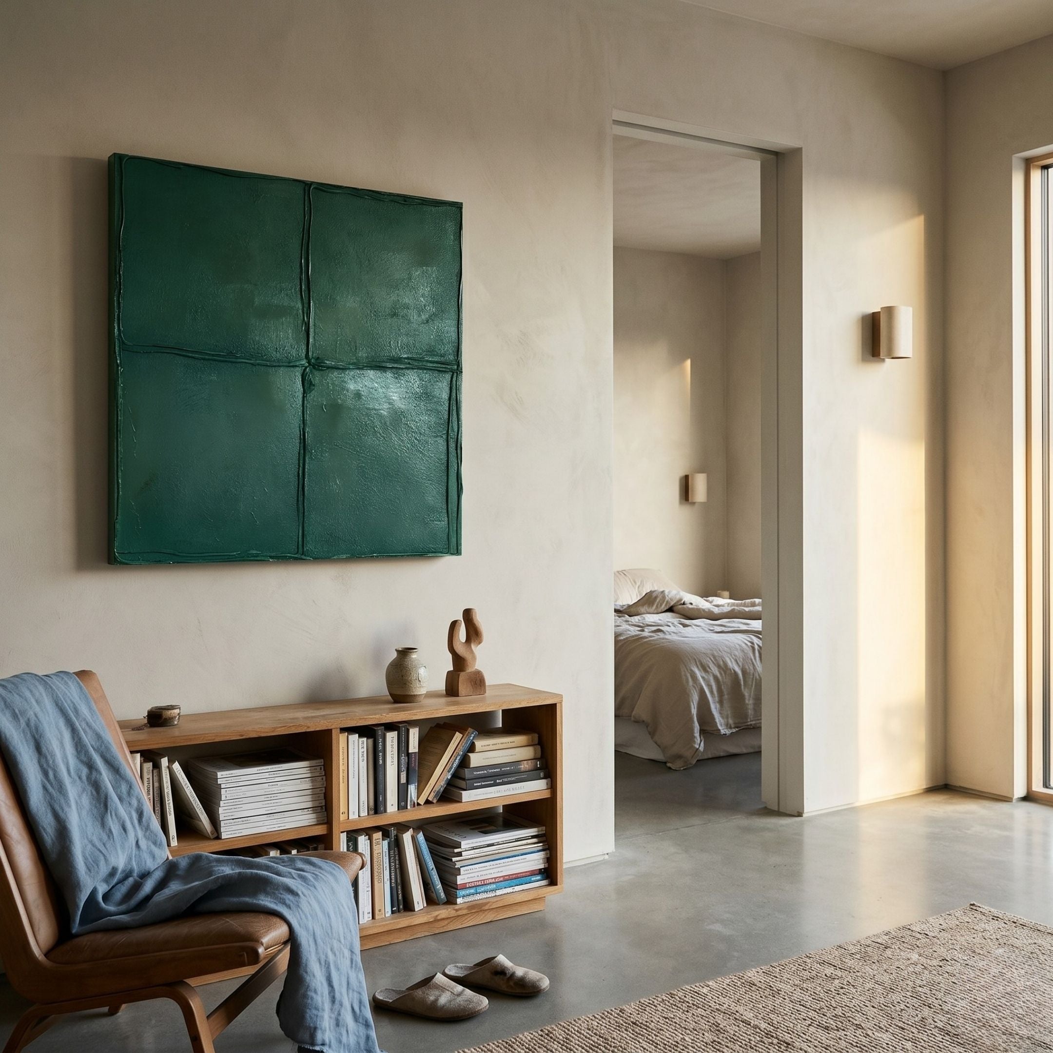 Giant Sculptures Terracrecta Deep Green Painted Textured Square 3D Wall Art displayed above a wooden bookshelf in a minimalist room with a leather chair.