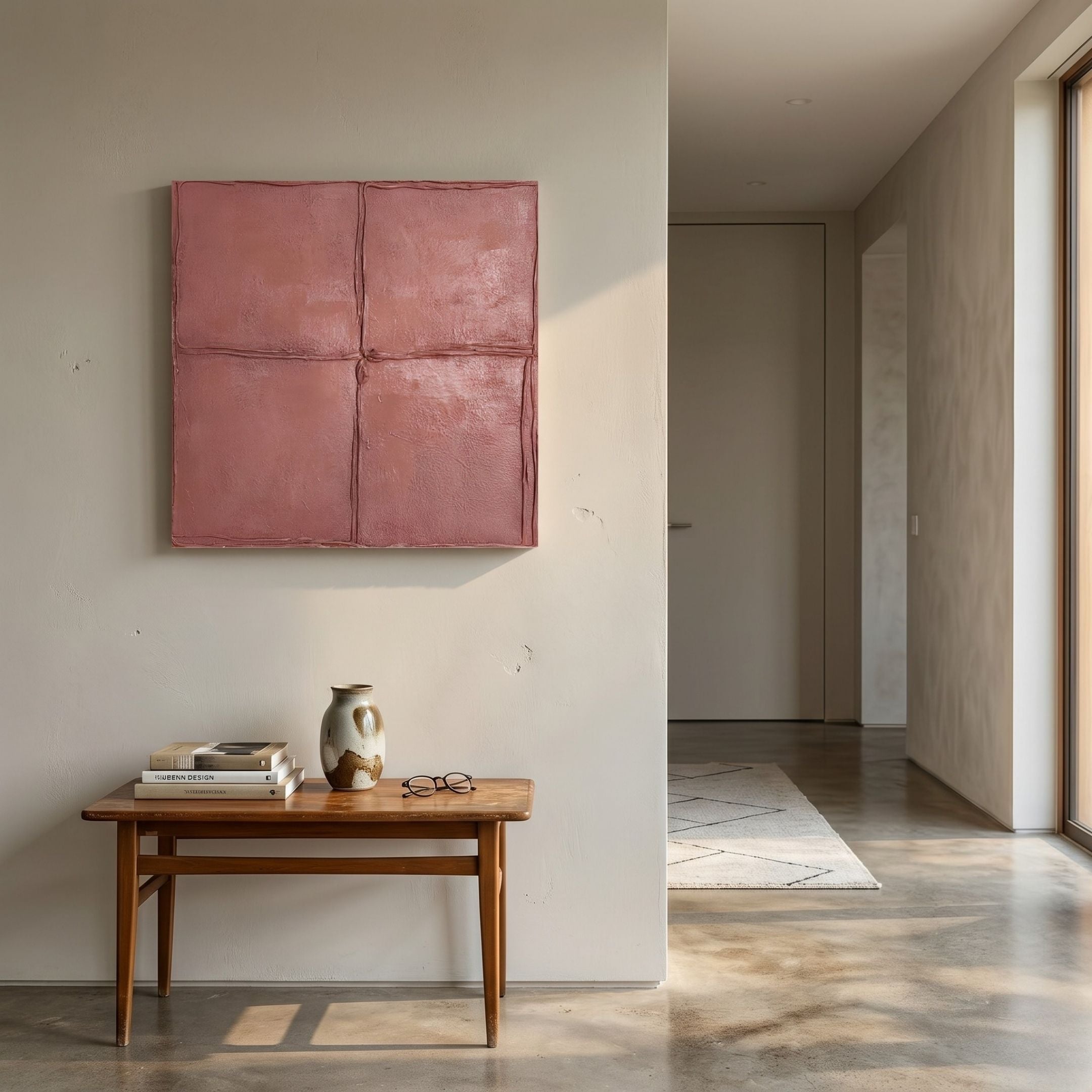 Terracrecta Rose Painted Textured Square 3D Wall Art by Giant Sculptures displayed above a wooden console table with vase and books in a sunlit hallway.