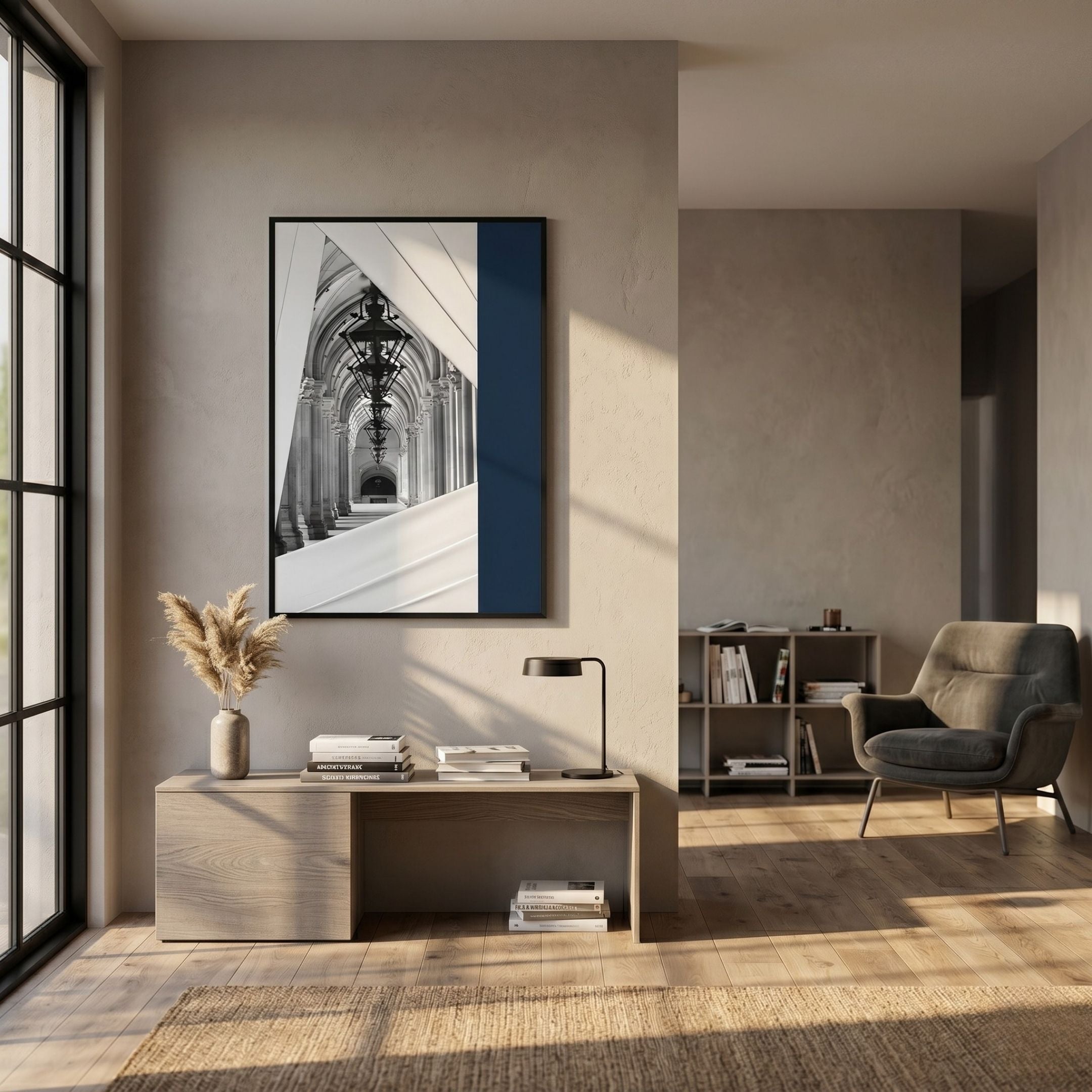 Arclustre Navy & White Lantern Arcade 3D Wall Art by Giant Sculptures displayed above a wooden console with pampas grass in a sunlit modern living room.