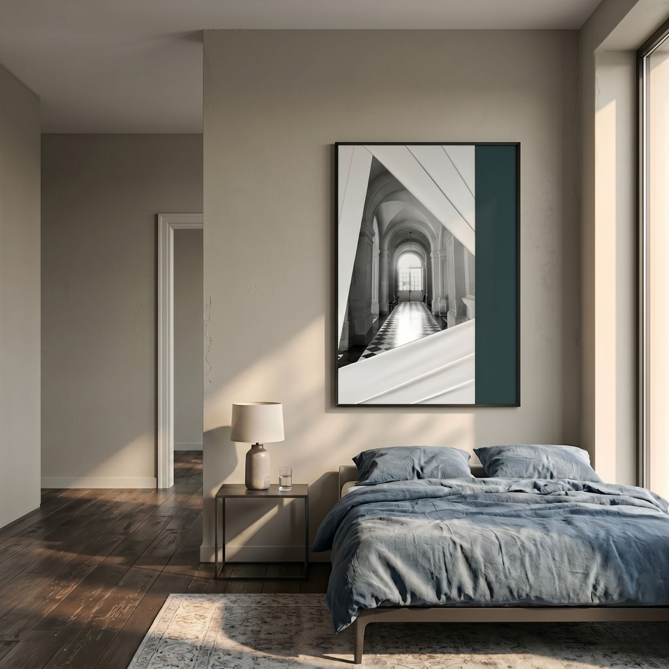 Arclustre Teal & White Archway Perspective 3D Wall Art by Giant Sculptures displayed above a blue-linen bed with a bedside lamp in a sunlit bedroom.