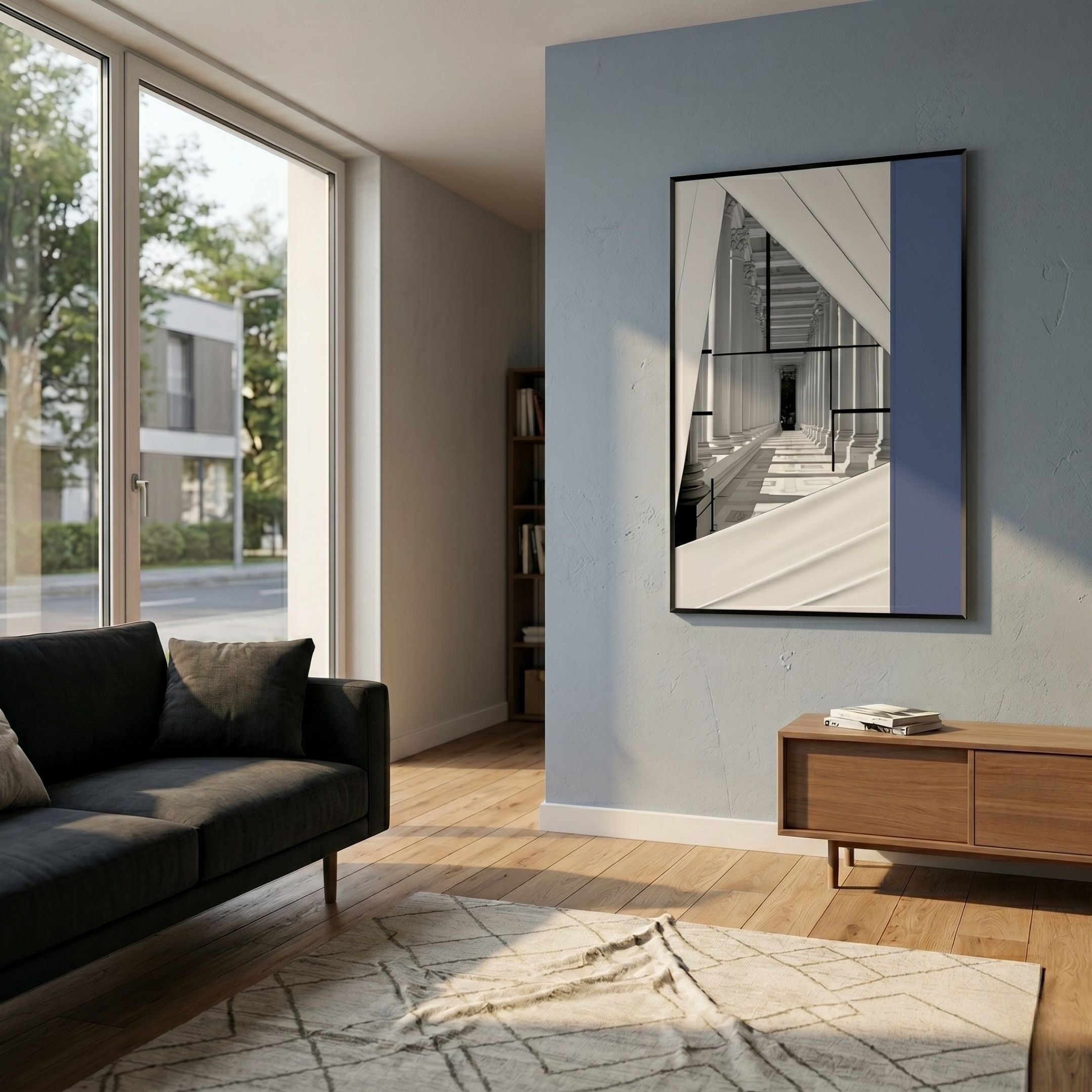 Arclustre Blue & White Classical Column Passage 3D Wall Art by Giant Sculptures displayed on a blue living room wall above a wooden console near a dark sofa.