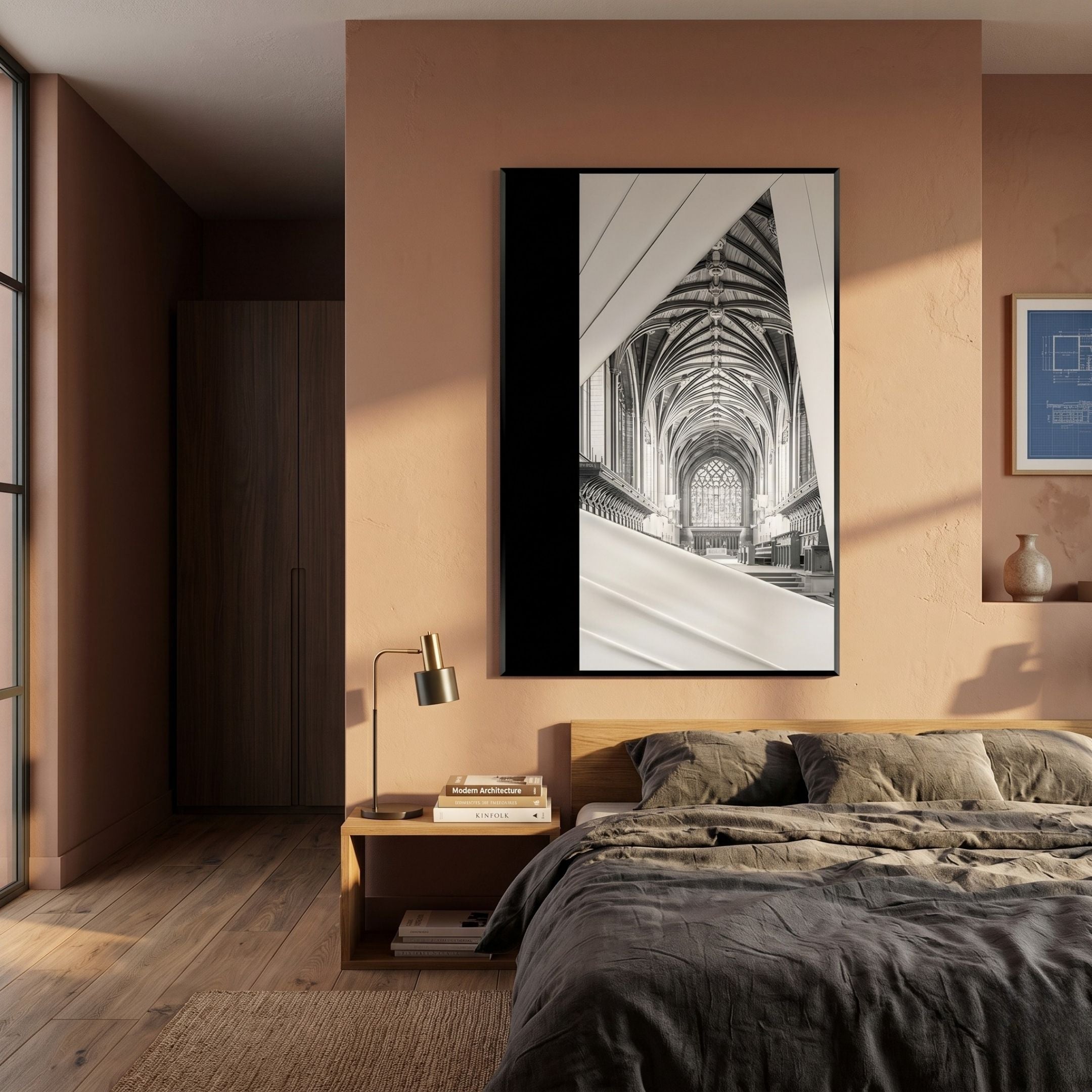 Arclustre Black & White Cathedral Vault 3D Wall Art by Giant Sculptures hung above a wooden nightstand in a terracotta-toned bedroom with a linen-dressed bed.