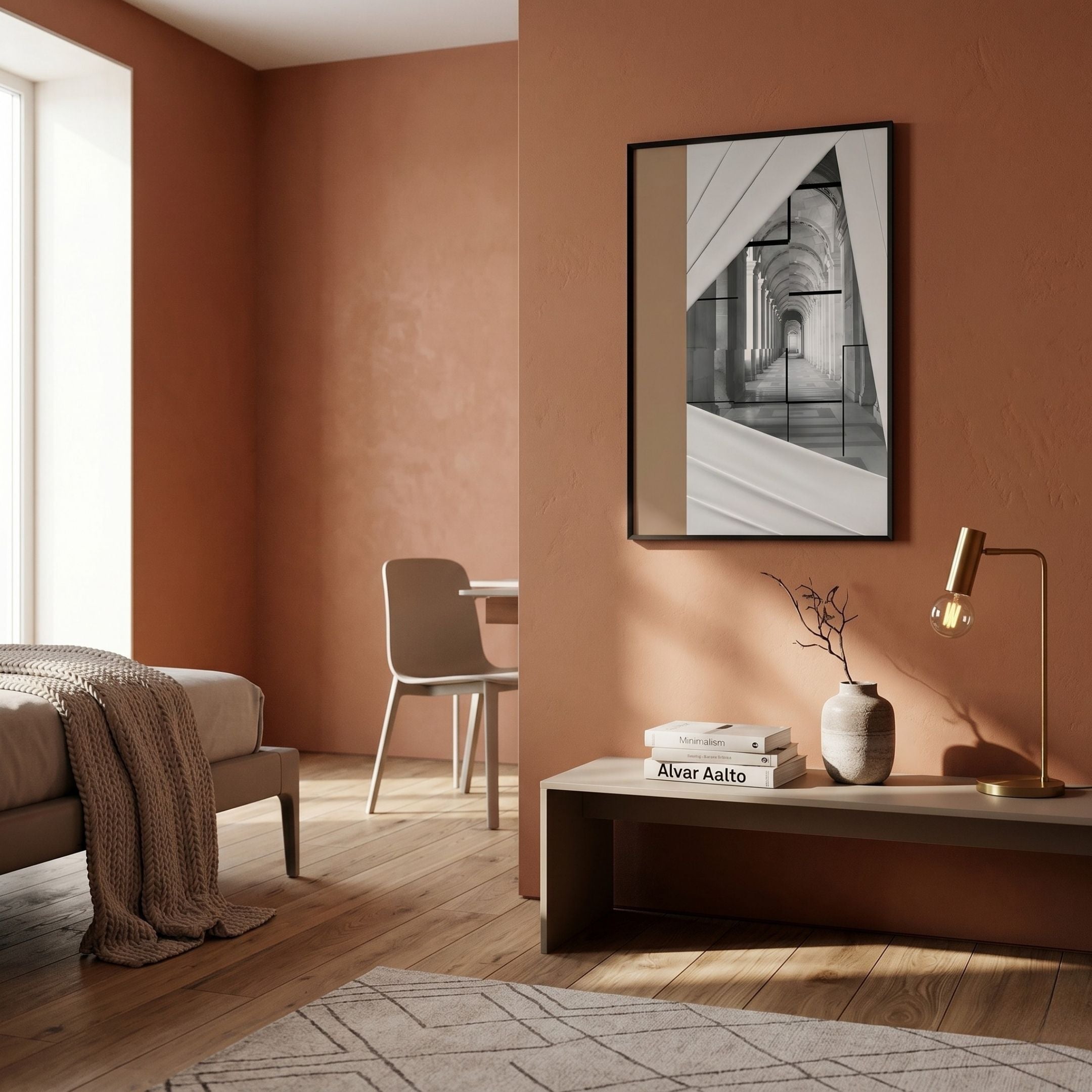 Arclustre Sand & White Draped Corridor 3D Wall Art by Giant Sculptures displayed on a terracotta wall above a console table in a warm-toned living room.