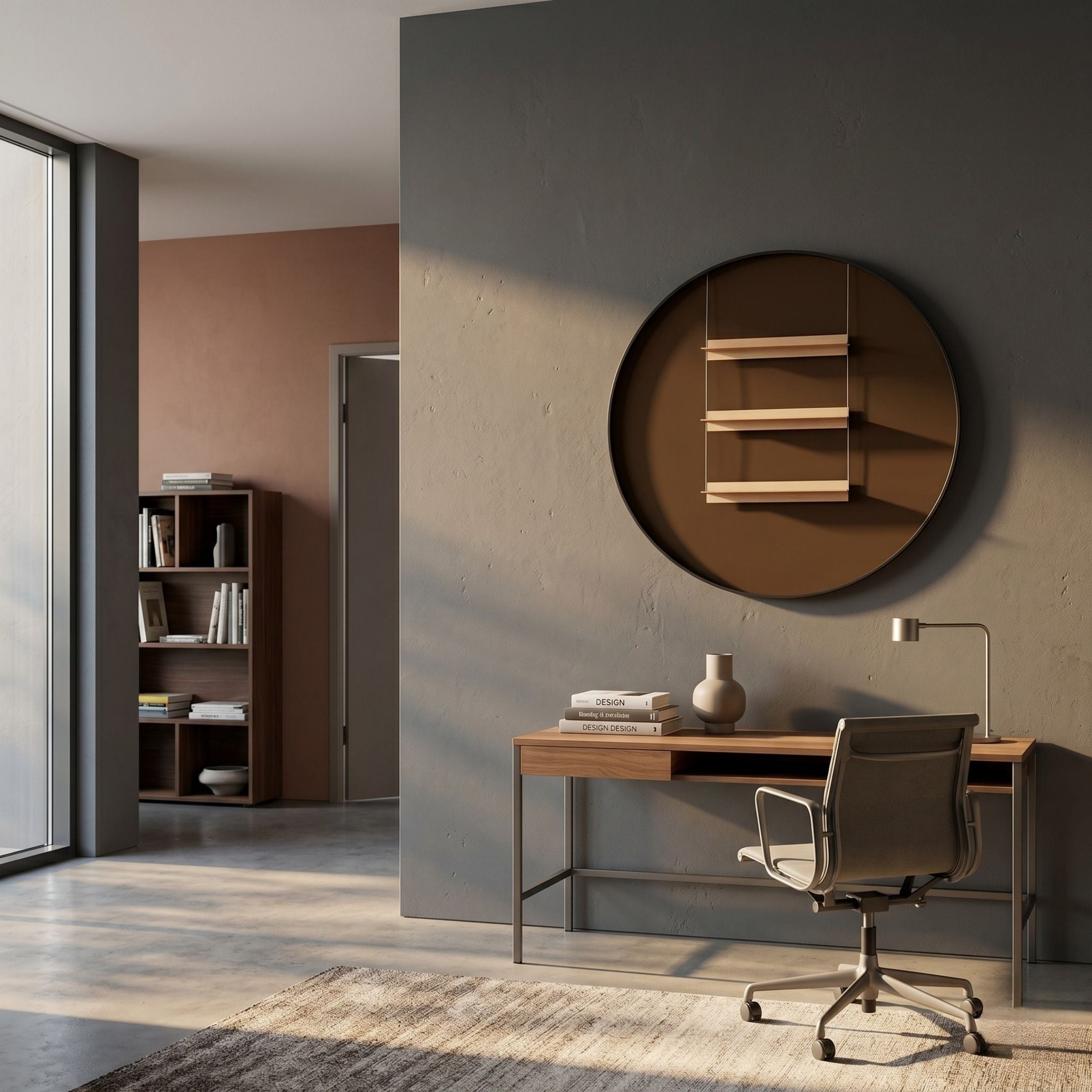 Straylight Umber Brown Tiered Bar Round 3D Wall Art by Giant Sculptures mounted above a wooden desk with chair in a modern home office.