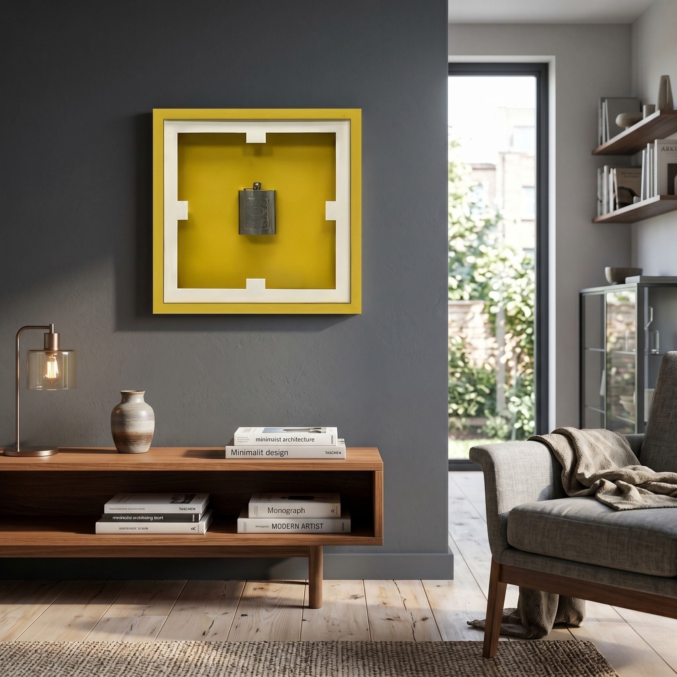 Cavallero Yellow Hip Flask Display Framed Wall Art mounted on a grey lounge wall above a walnut console with lamp, books and vase beside a sofa.