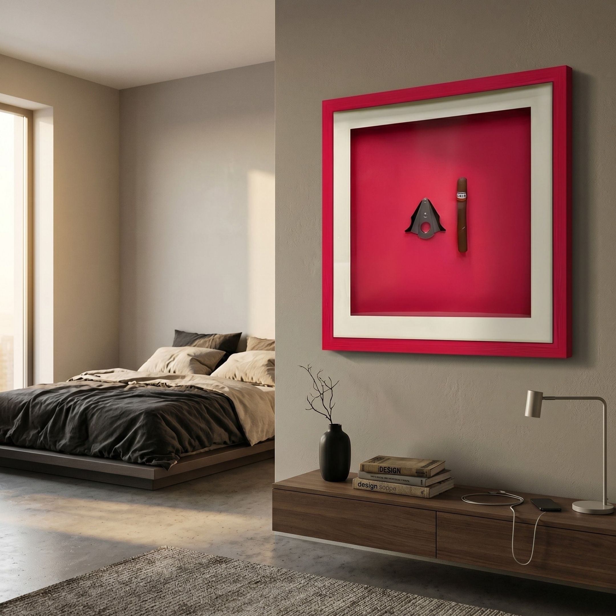 Cavallero Red Cigar & Cutter Framed Wall Art by Giant Sculptures, mounted on a beige bedroom wall above a wooden console with books and a lamp.