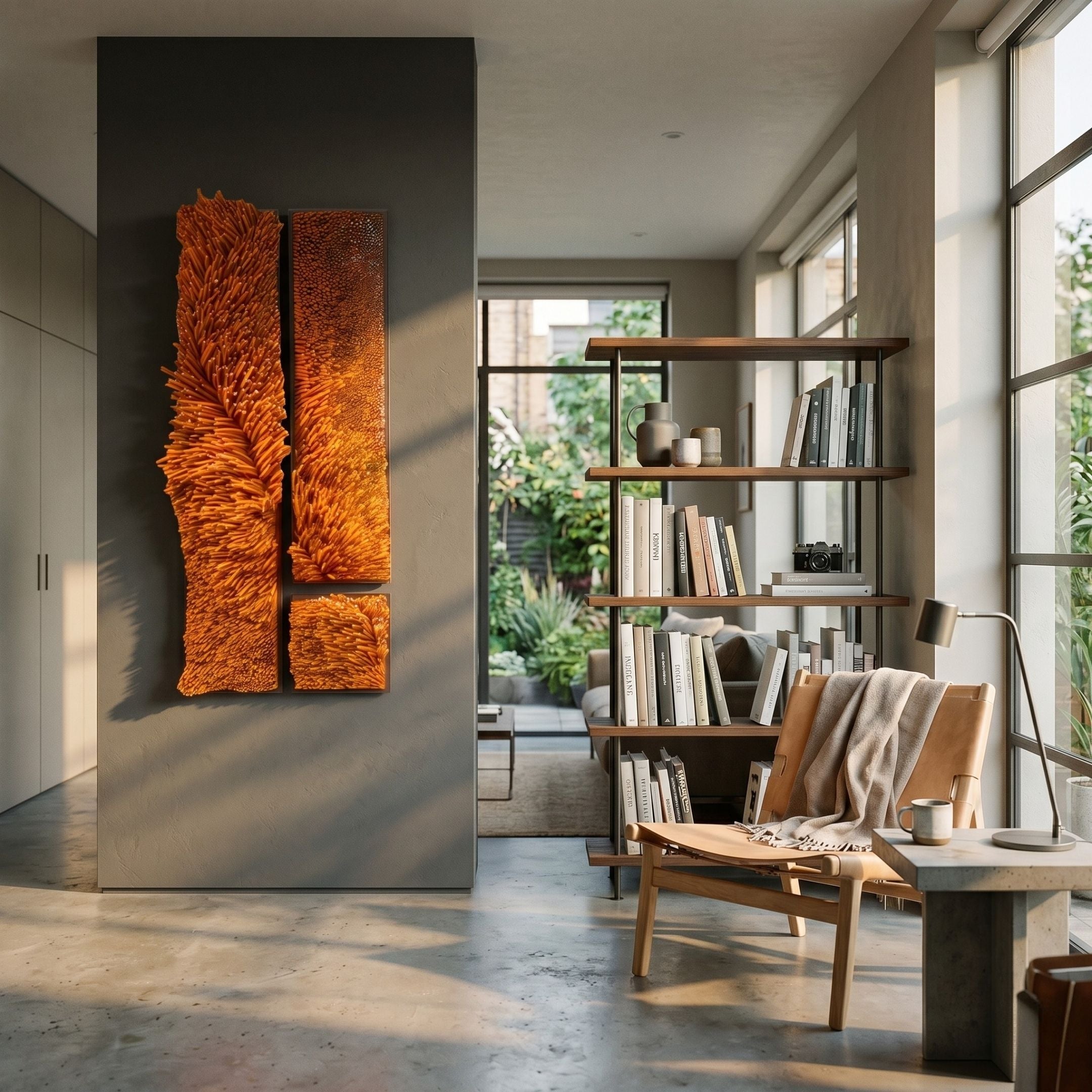 Bristella Amber Textured 3-Panel 3D Wall Art by Giant Sculptures mounted on a dark grey wall in a sunlit modern living space with a bookshelf and leather chair.