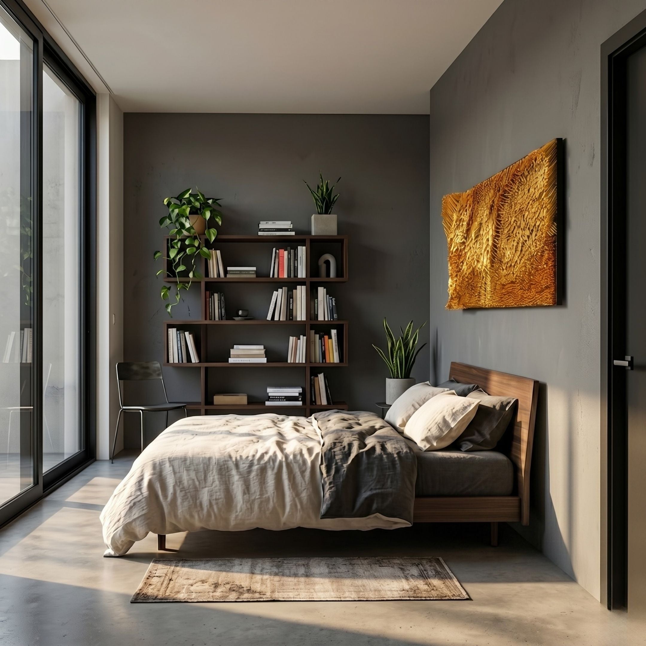 Bristella Ember Gold Textured Large Panel 3D Wall Art by Giant Sculptures mounted on a grey wall above a wooden bed beside a bookshelf in a modern bedroom.