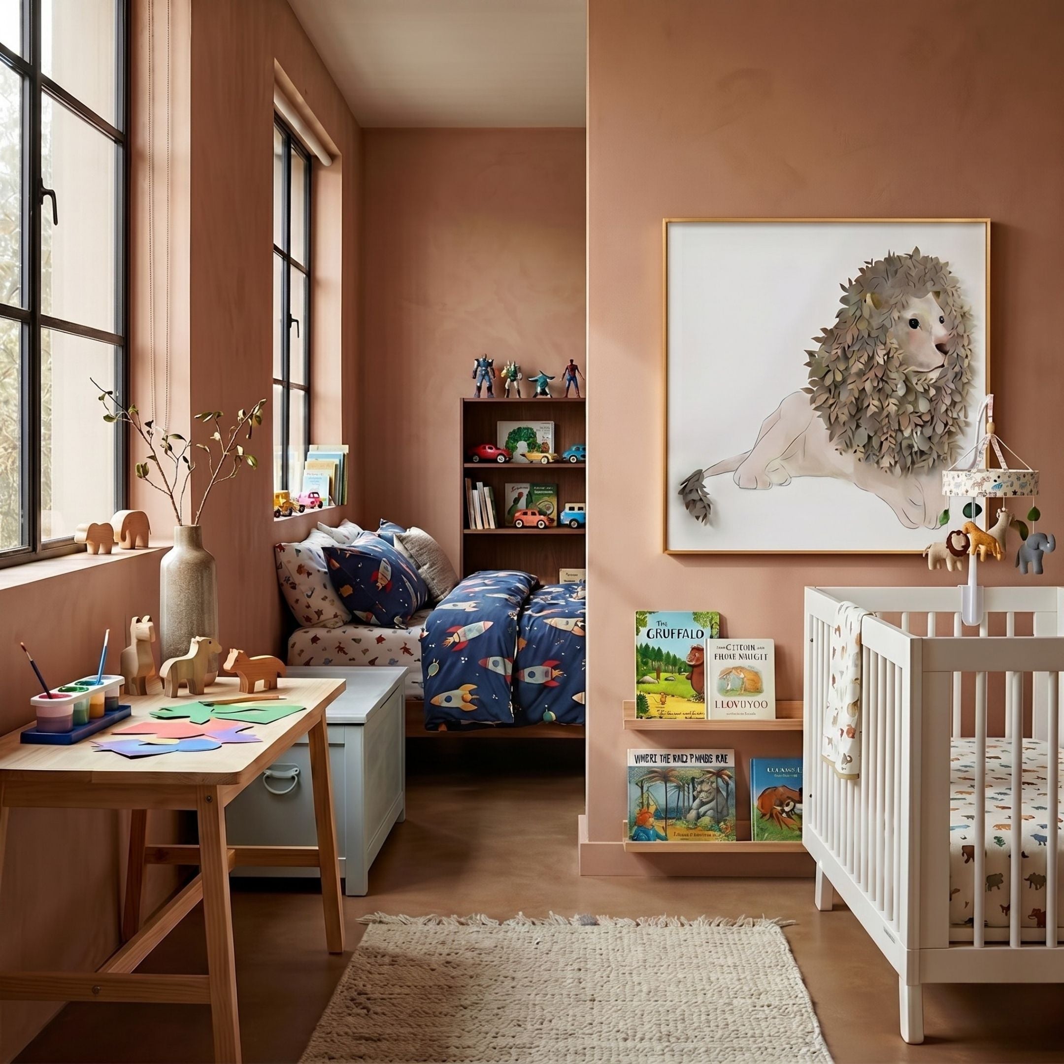 Blossomkin Lion 3D Floral Wall Art by Giant Sculptures in a gold frame above a white crib in a kids' room with terracotta walls, desk, and toddler bed.