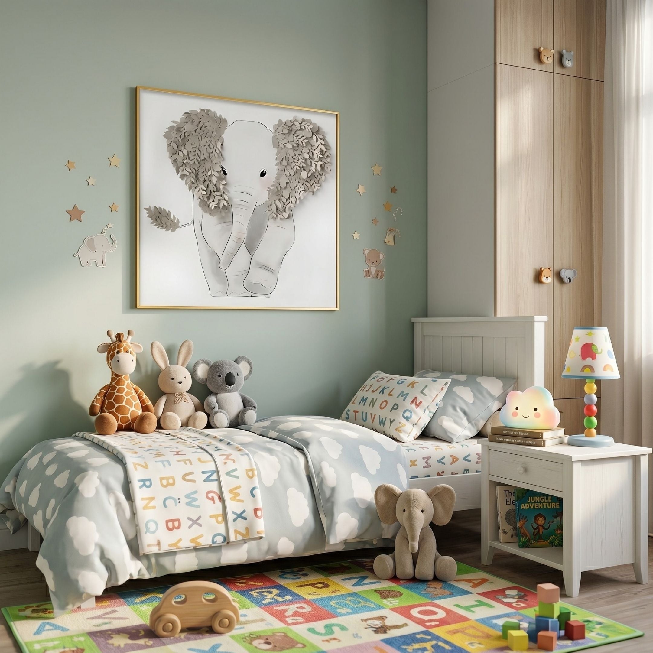 Blossomkin Elephant 3D Floral Wall Art by Giant Sculptures in a gold-trimmed frame, displayed above a child's bed with plush toys and an alphabet rug.