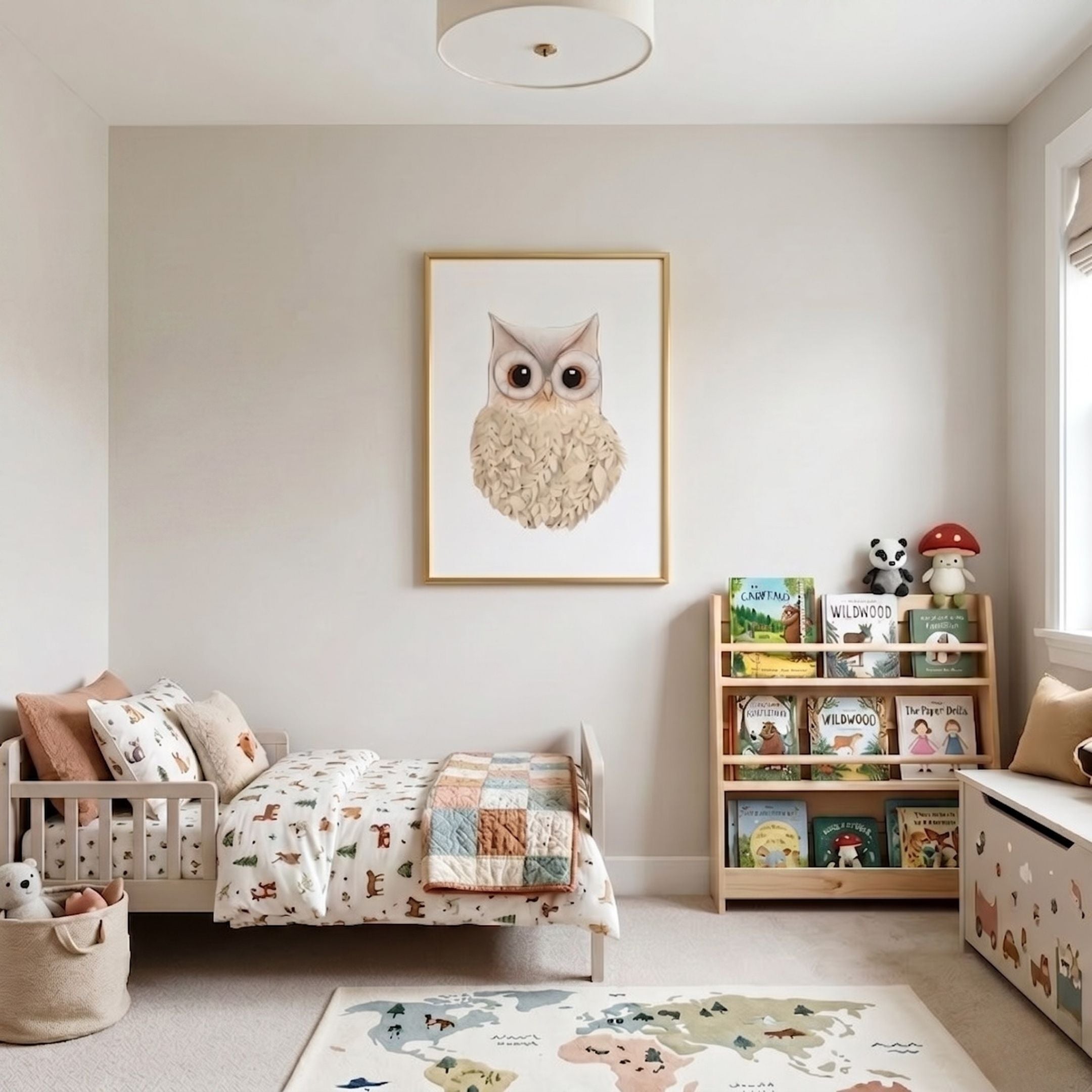 Blossomkin Owl 3D Floral Wall Art by Giant Sculptures in a gold frame above a child's bed, displayed in a neutral nursery with bookshelf and world map rug.