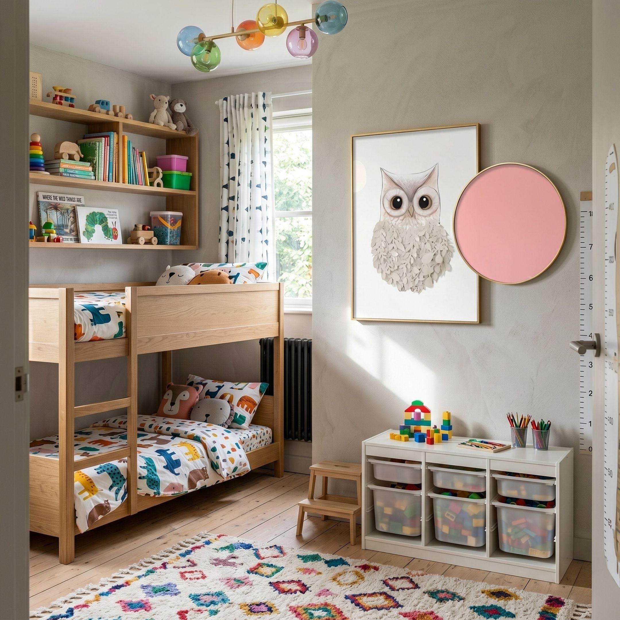 Blossomkin Pink Petal Owl Kids 3D Wall Art by Giant Sculptures displayed beside a gold-edged pink plate above a wooden bunk bed in a child's bedroom.