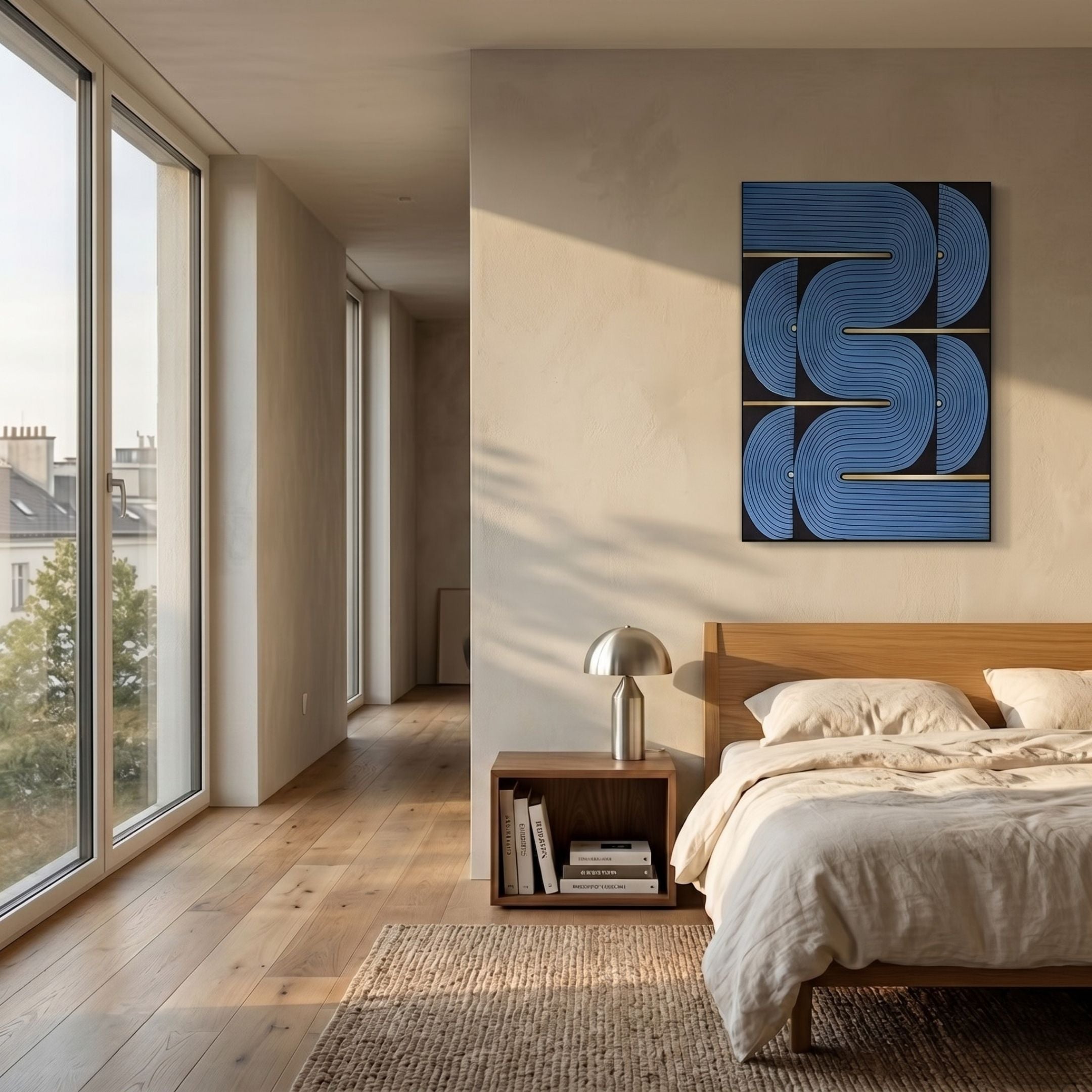 Curvanta Blue Loop Geometric 3D Wall Art by Giant Sculptures hung above a wooden bedside table in a sunlit minimalist bedroom with oak flooring and large windows.