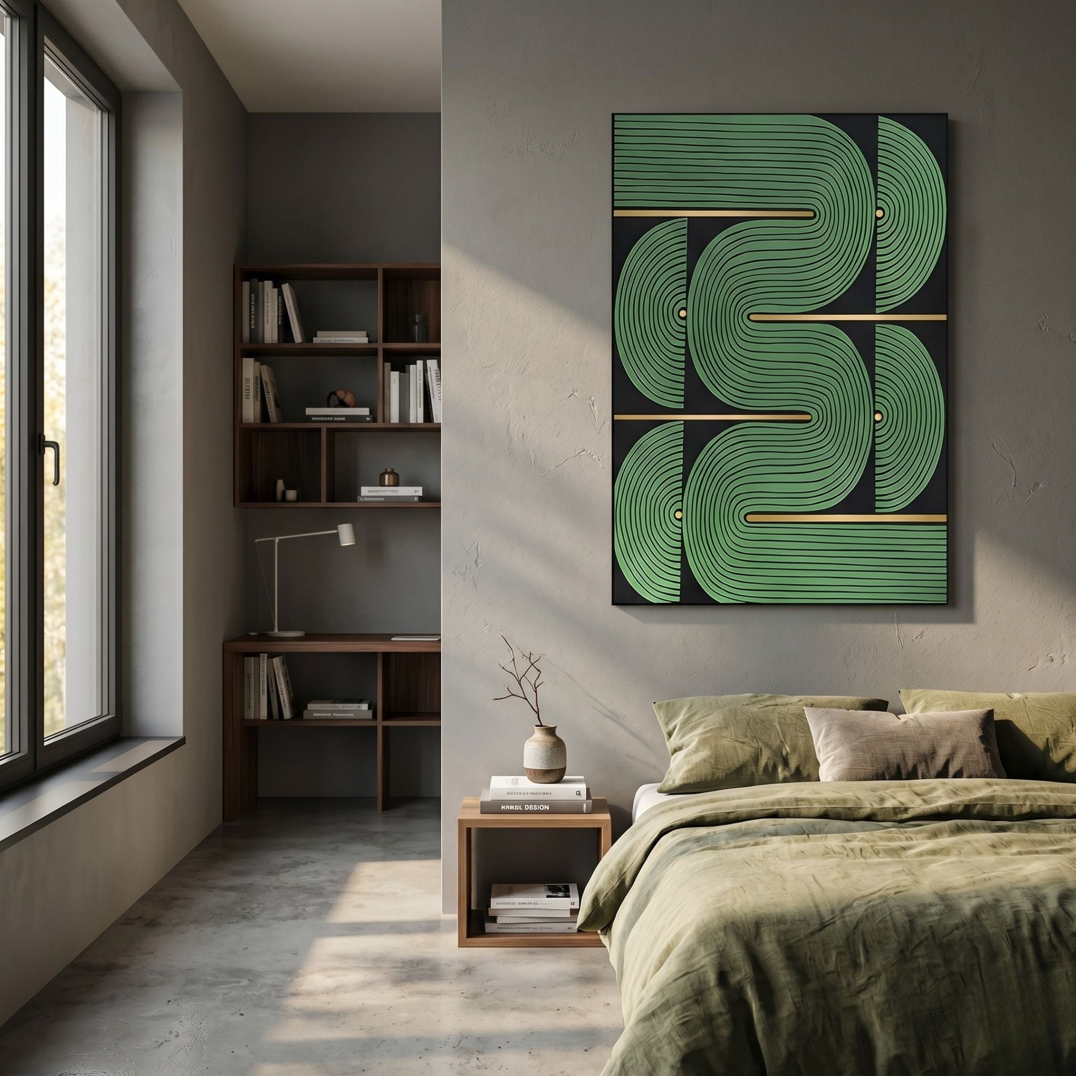 Curvanta Green Loop Geometric 3D Wall Art with mirrored curves and gold accents on black, displayed above a nightstand in an olive-toned bedroom.