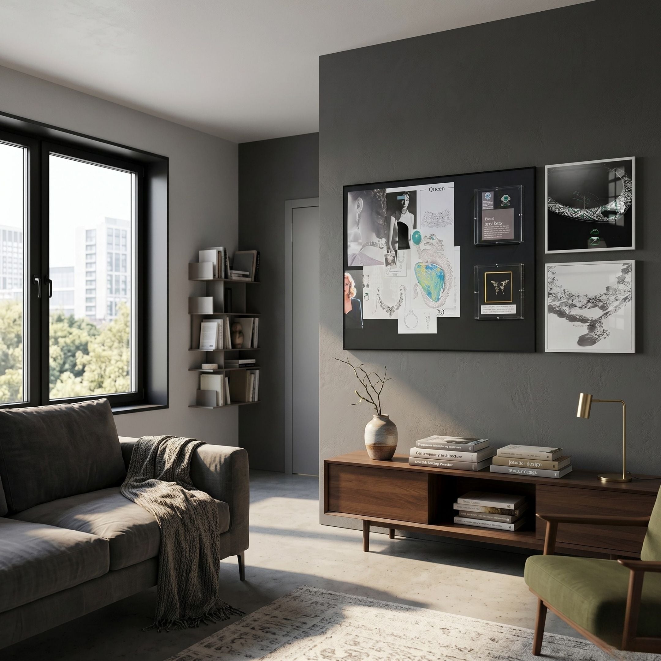Gemcraft Archive Sketch & Jewel Design Storyboard Wall Art by Giant Sculptures displayed on a dark grey wall above a walnut console in a modern living room.