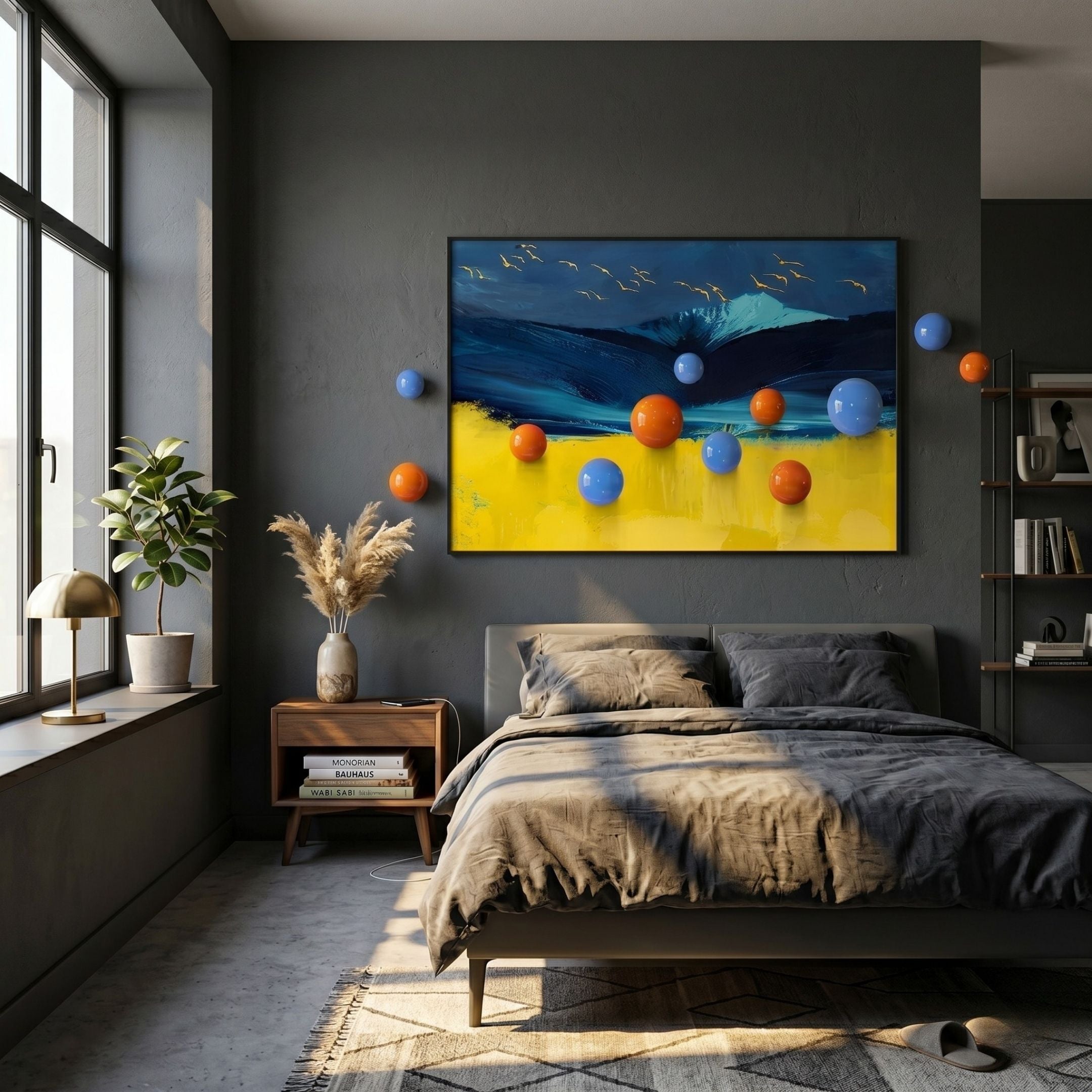 Aerisphere Mountain Glow 3D Wall Art with blue and orange metal balls displayed above a bed in a dark grey bedroom with wooden nightstand.