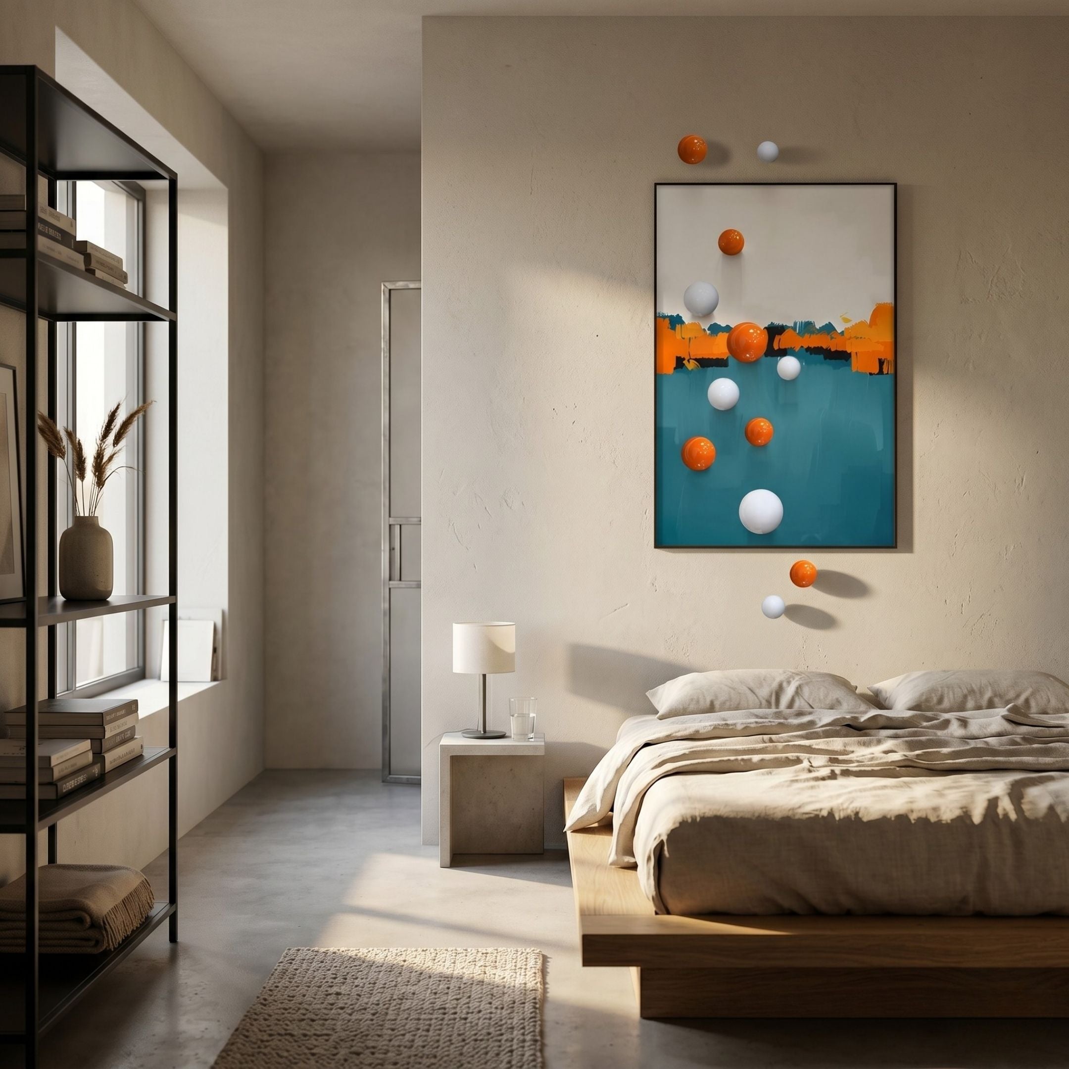 Aerisphere Abstract Drift Vertical 3D Wall Art with orange and teal block composition and protruding metal balls, displayed above a bed in a neutral bedroom.