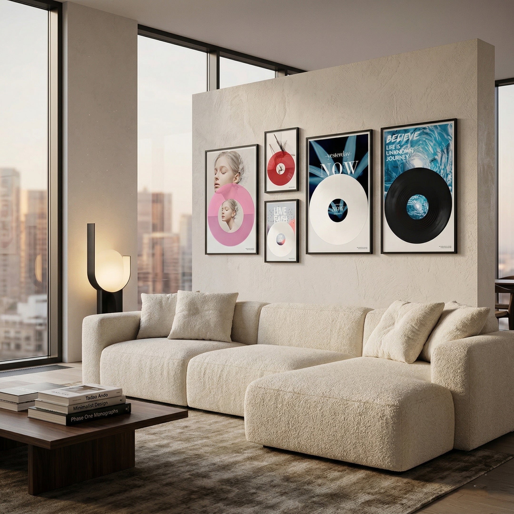 Groovepost Bold Graphics Vinyl Record 5-Panel Wall Art by Giant Sculptures displayed above a cream bouclé sofa in a high-rise living room with cityscape views.