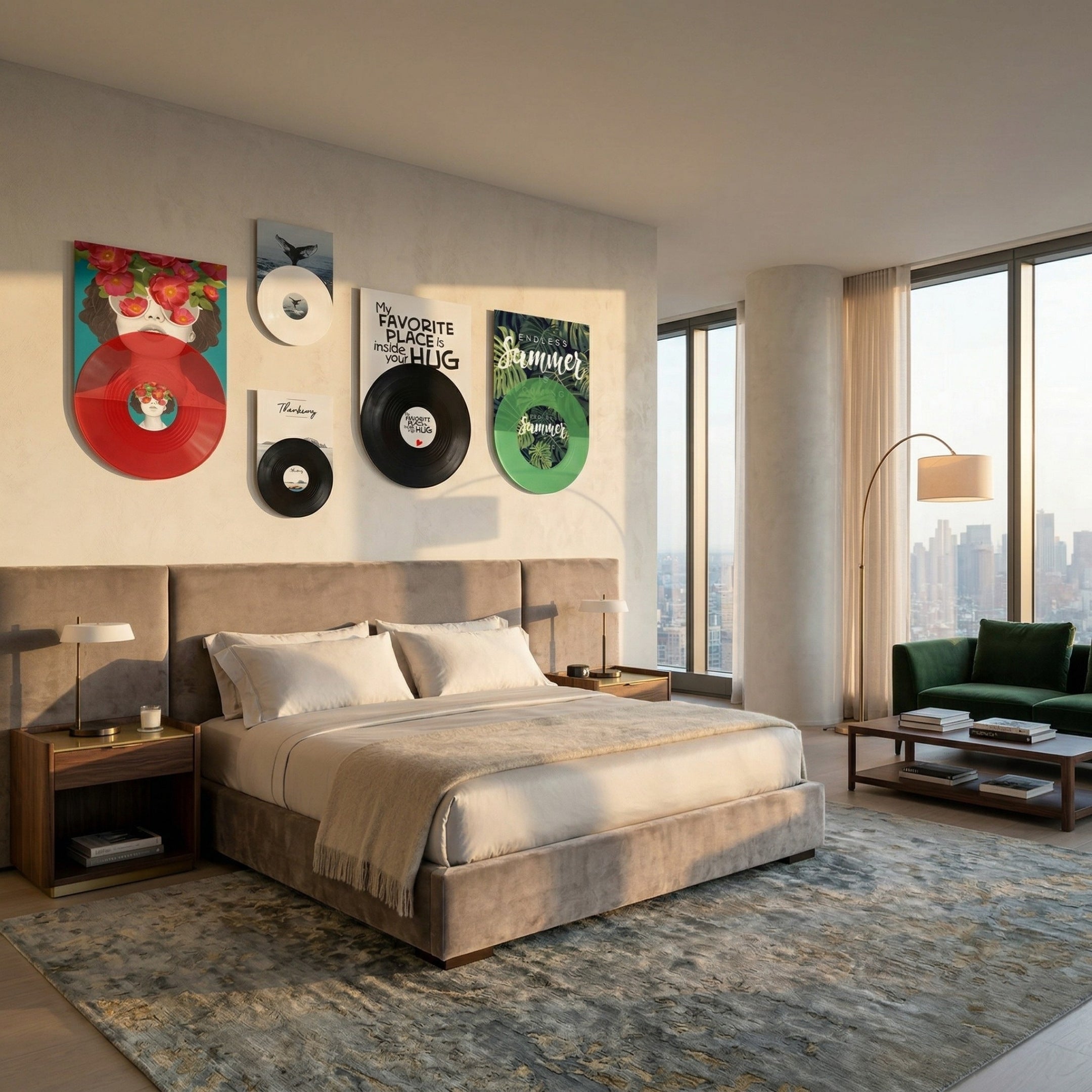 Groovepost Bloom & Summer Vinyl Record 5-Panel Wall Art by Giant Sculptures displayed above a beige upholstered bed, featuring red floral, white whale, black typographic, and green tropical panels with vinyl records.