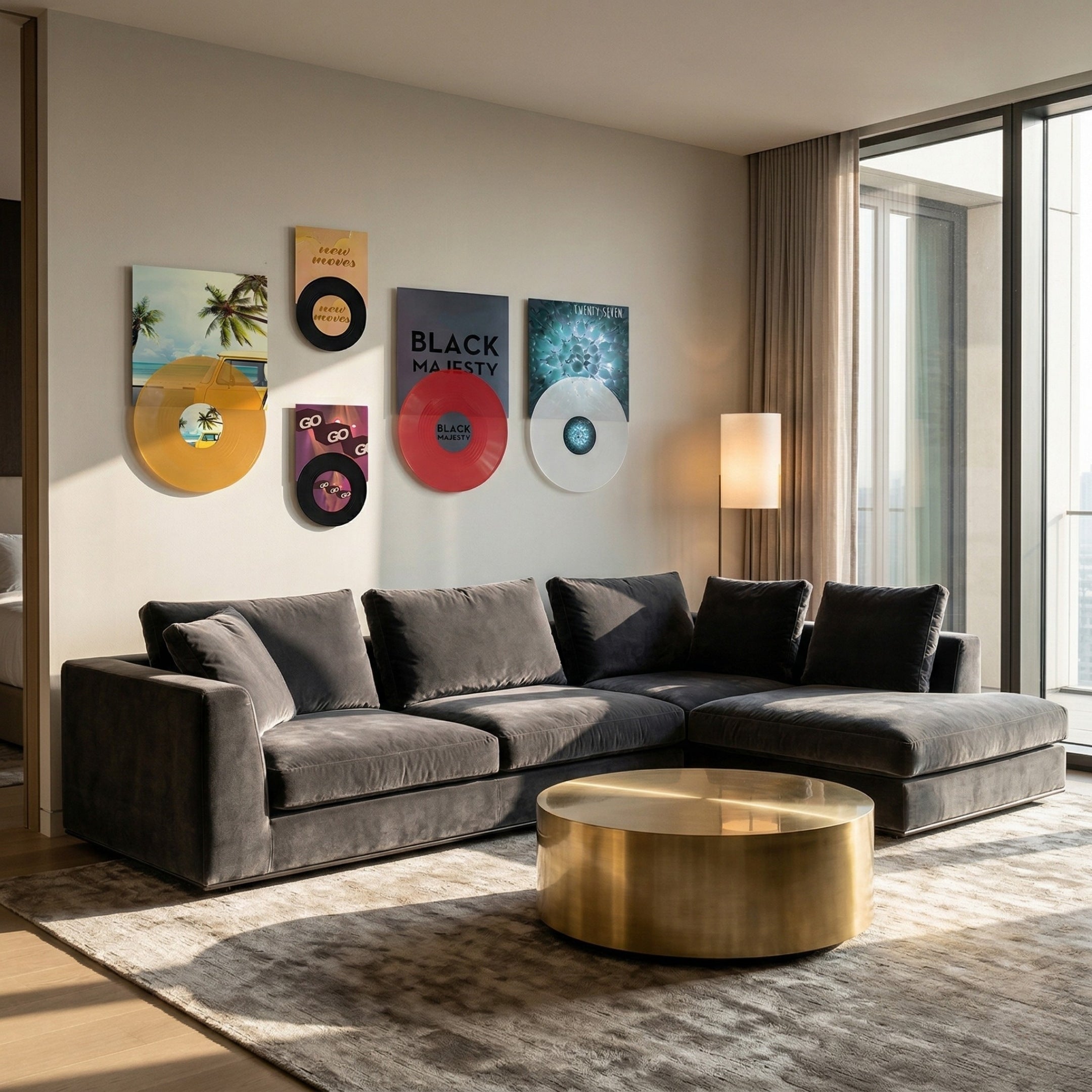 Vinylscape Colour Pop Records 5-Panel Wall Art by Giant Sculptures displayed in a living room above a dark grey velvet sectional sofa, featuring colourful vinyl records paired with printed canvases.