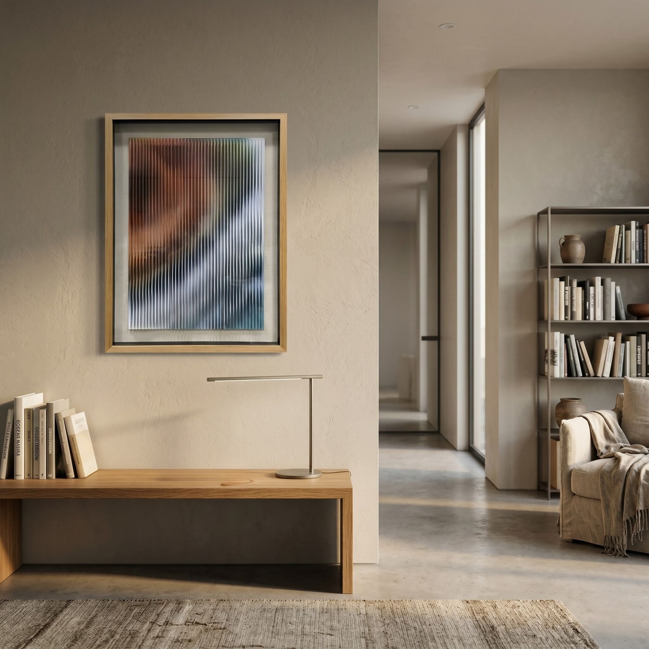 Lentari Amber & Frosted Silver Gradient Wood Carving 3D Wall Art by Giant Sculptures displayed above a wooden bench with books in a modern living space.