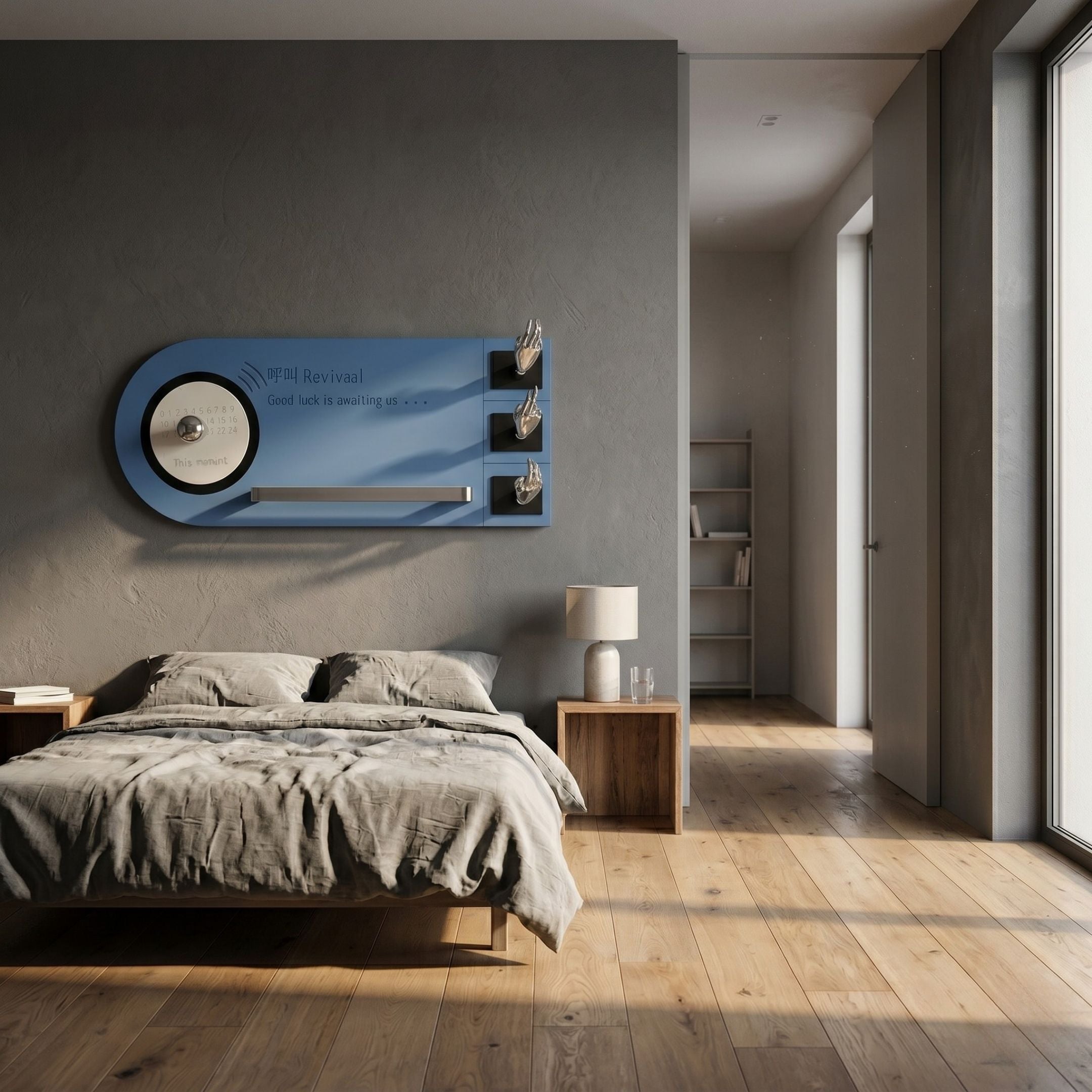 Nexivra Blue Techscape Interactive 3D Wall Art mounted above a bed in a grey-walled bedroom, featuring a silver dial, centre bar, and three robotic hands.