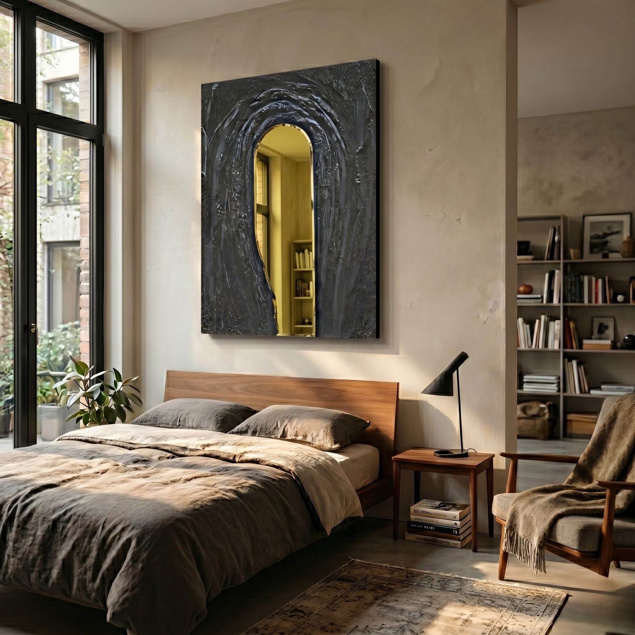 Arclunor Midnight Grey Arch Relief Mirror 3D Wall Art mounted above a wooden bed in a sunlit bedroom with linen bedding, side lamp, and bookshelves.