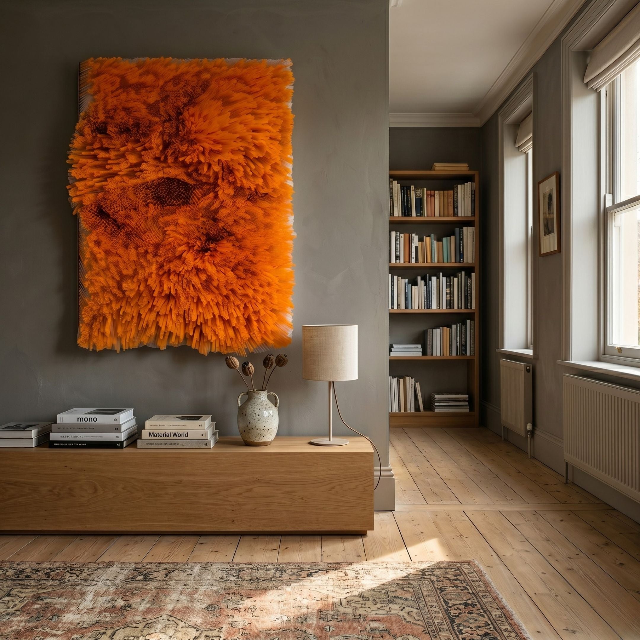 Chromavolt Orange Flare Straw 3D Wall Art by Giant Sculptures mounted on a grey wall above a wooden console with books and a lamp, beside a bookshelf.